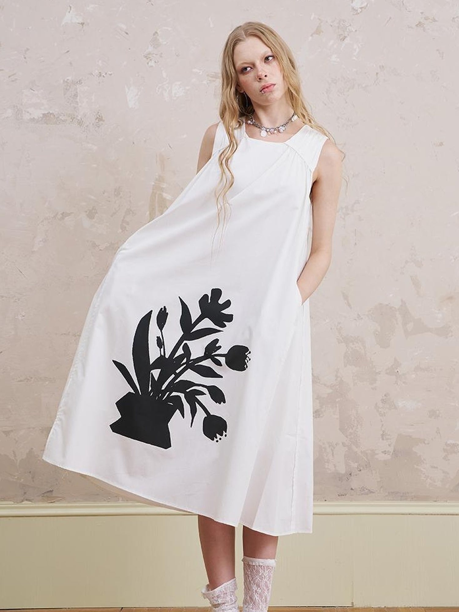 DIDDI MODA Floral Silver V Neck Vacation A Line Dress