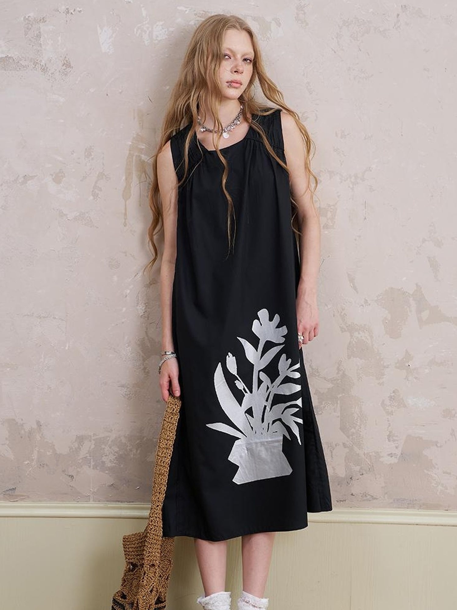 DIDDI MODA Floral Silver V Neck Vacation A Line Dress