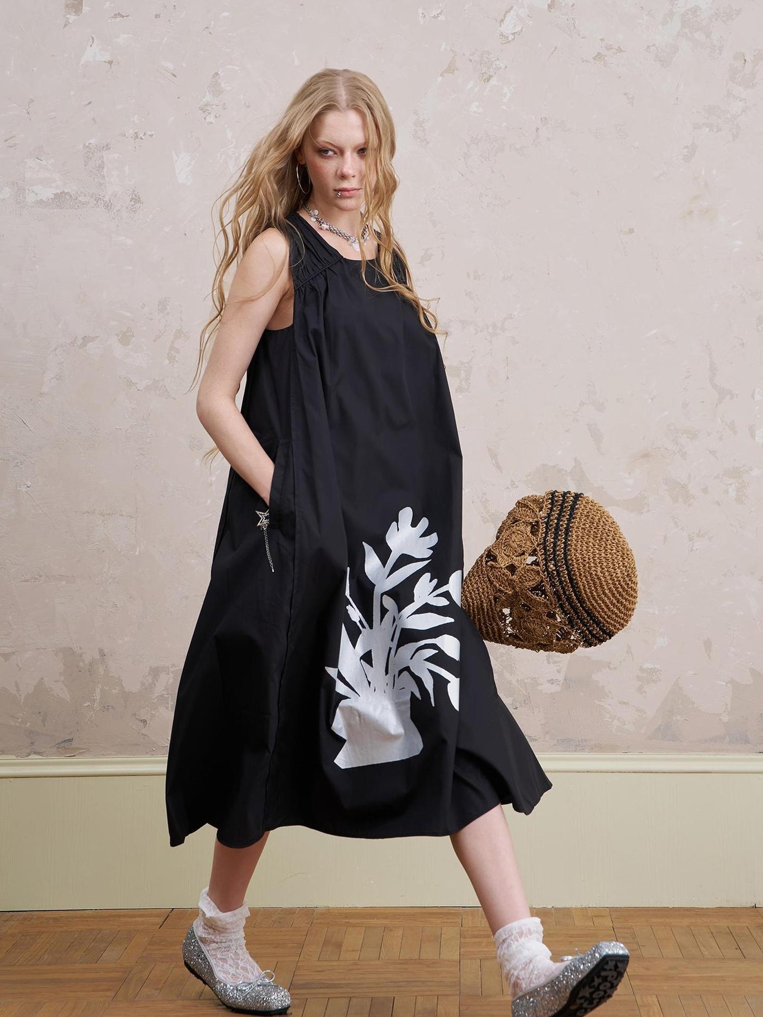 DIDDI MODA Floral Silver V Neck Vacation A Line Dress