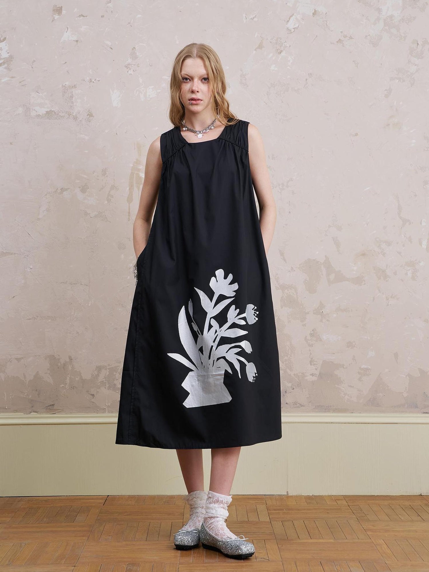 DIDDI MODA Floral Silver V Neck Vacation A Line Dress