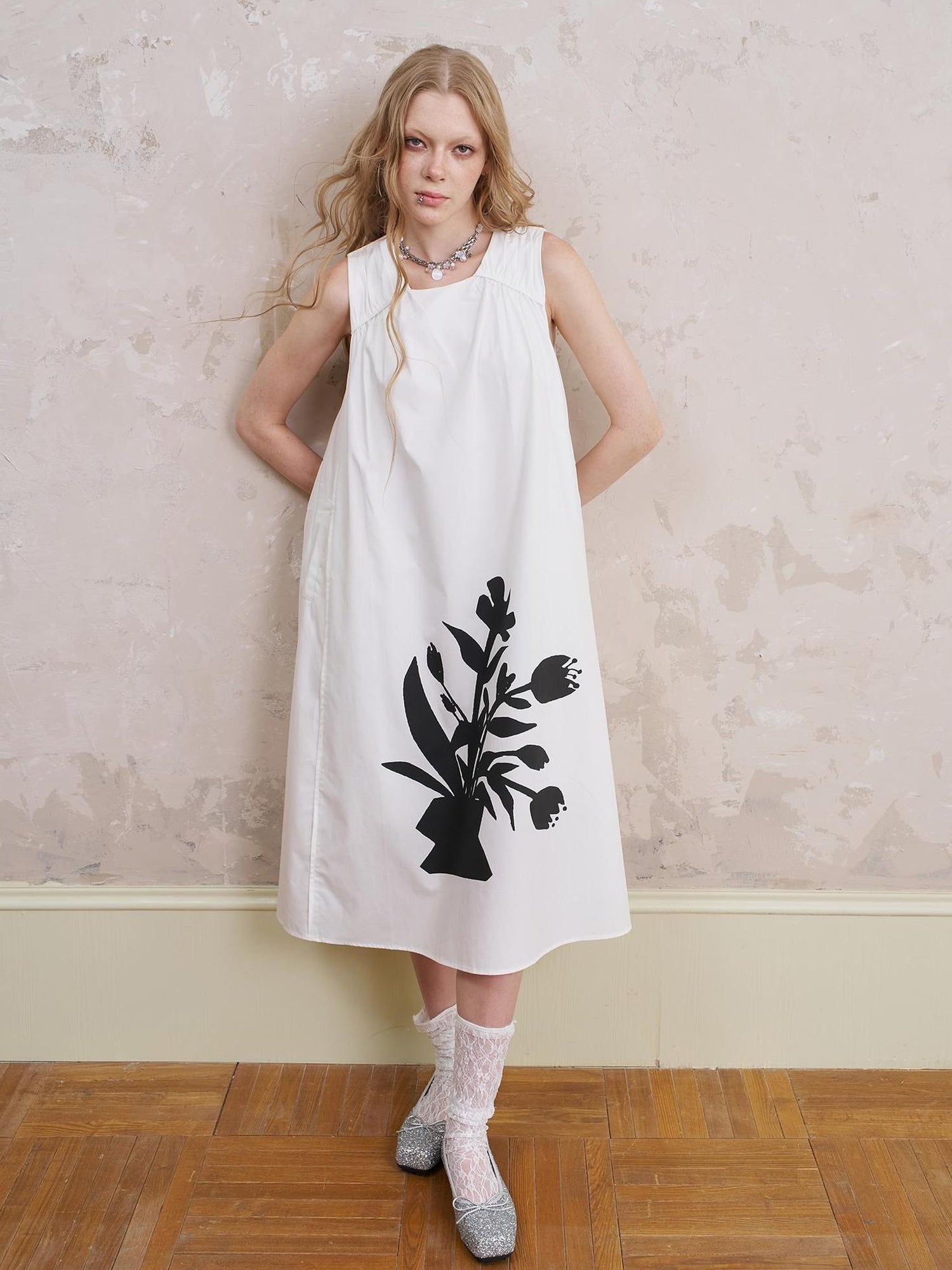 DIDDI MODA Floral Silver V Neck Vacation A Line Dress