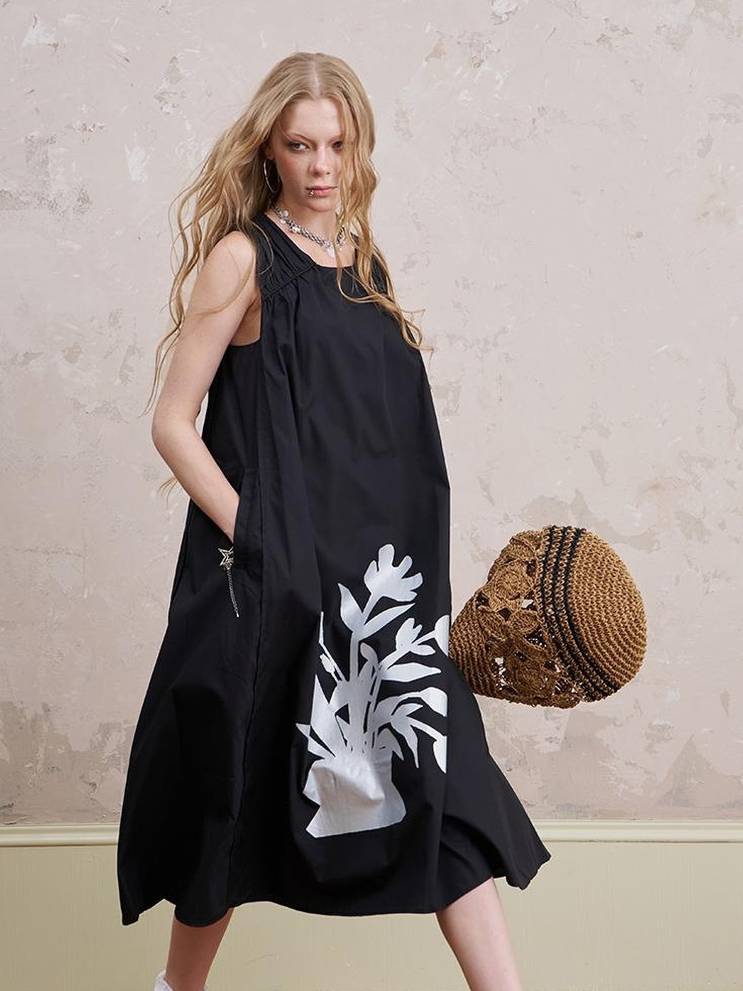 DIDDI MODA Floral Silver V Neck Vacation A Line Dress