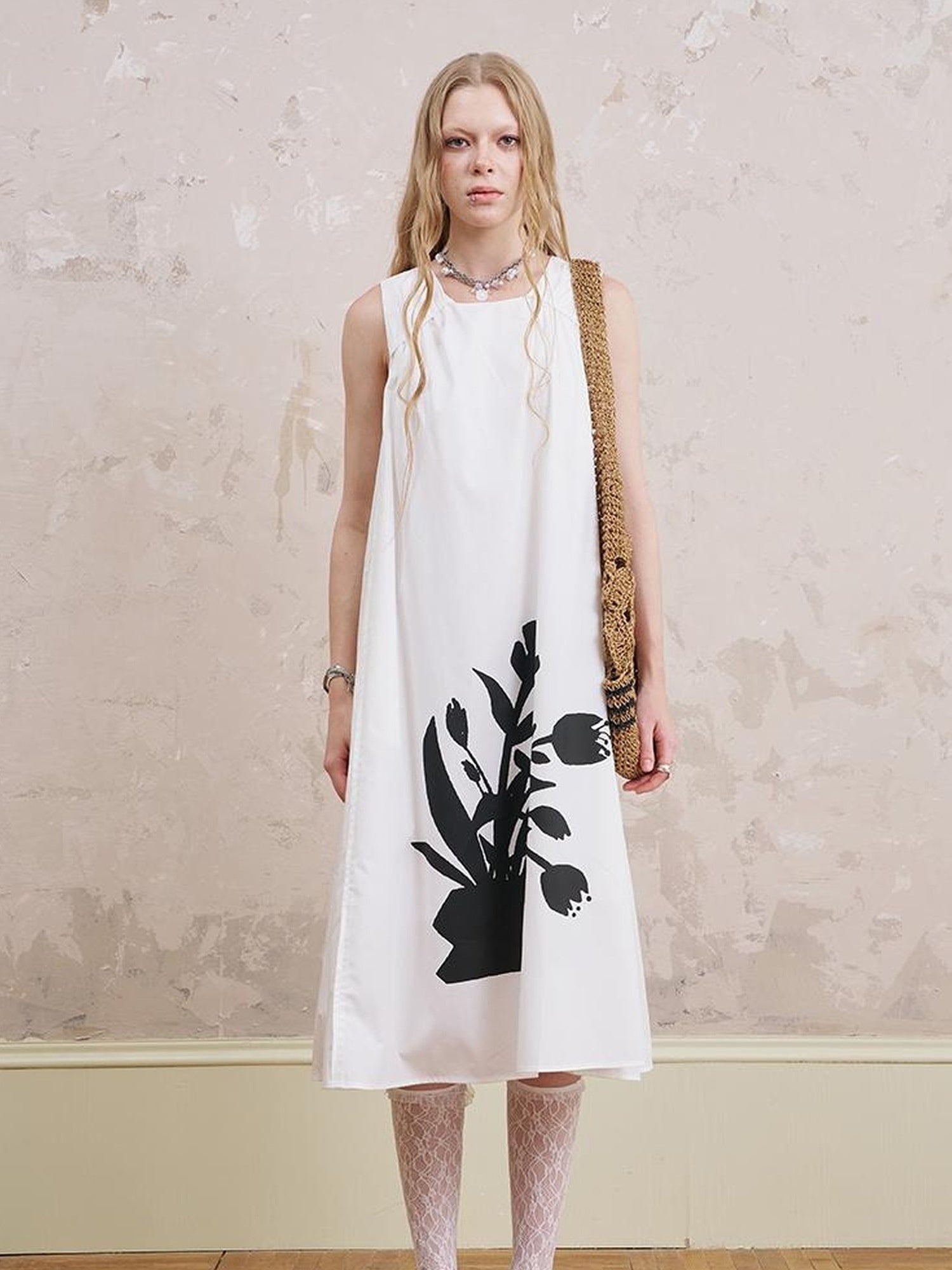 DIDDI MODA Floral Silver V Neck Vacation A Line Dress