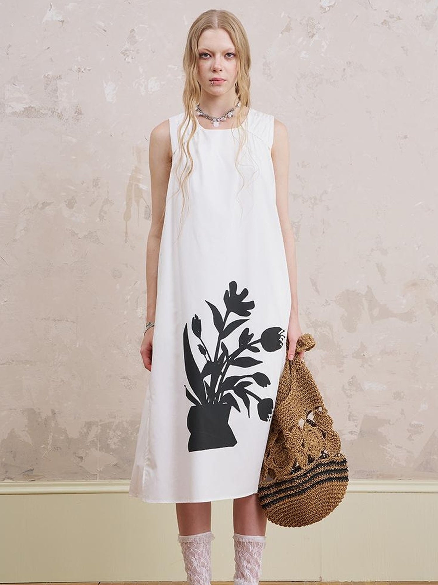 DIDDI MODA Floral Silver V Neck Vacation A Line Dress