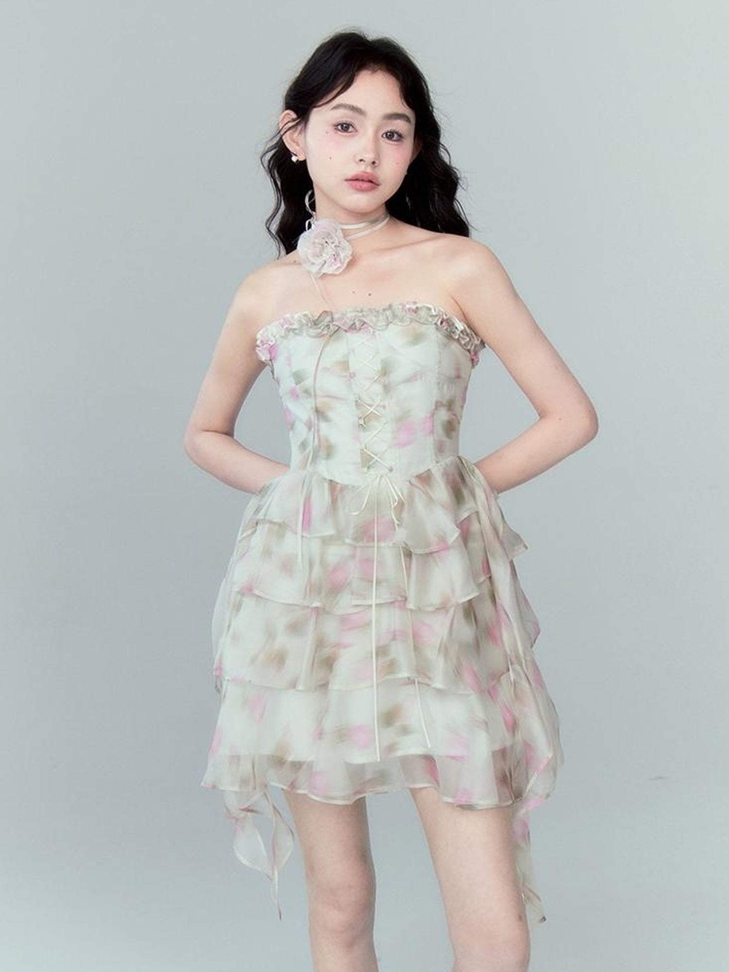 DIDDI MODA Floral Strapless Sundress With Detachable Bloom Choker