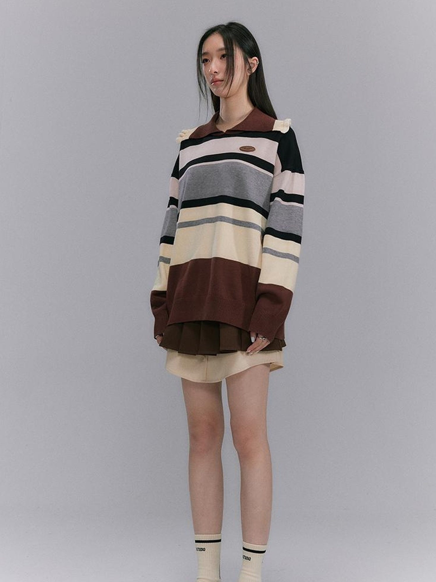 DIDDI MODA Floral Trim Color Block Stripe Knit Top