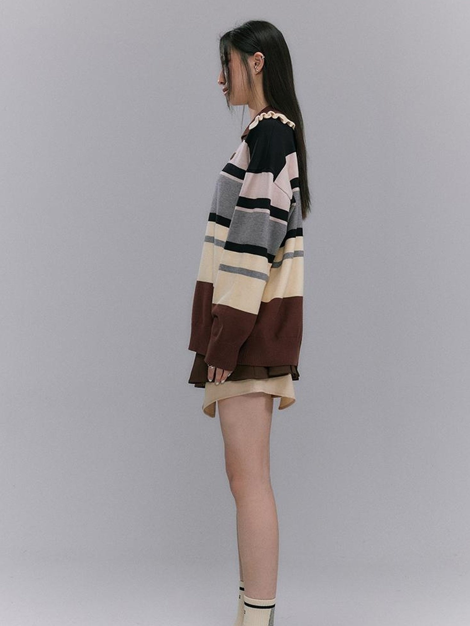 DIDDI MODA Floral Trim Color Block Stripe Knit Top