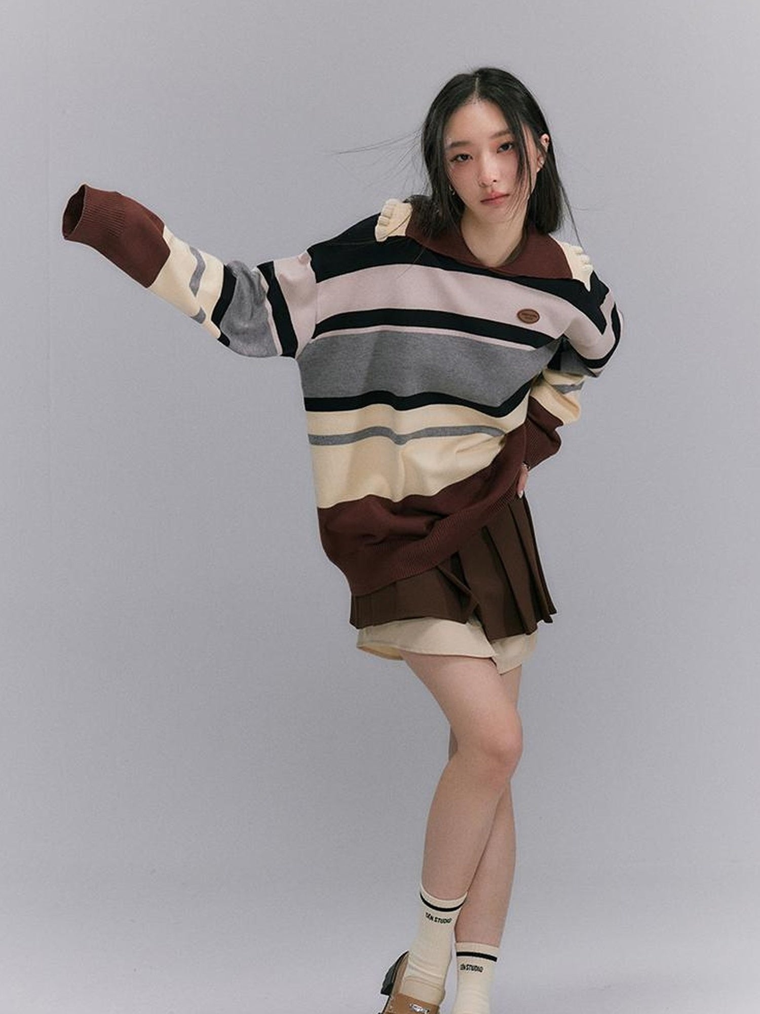 DIDDI MODA Floral Trim Color Block Stripe Knit Top