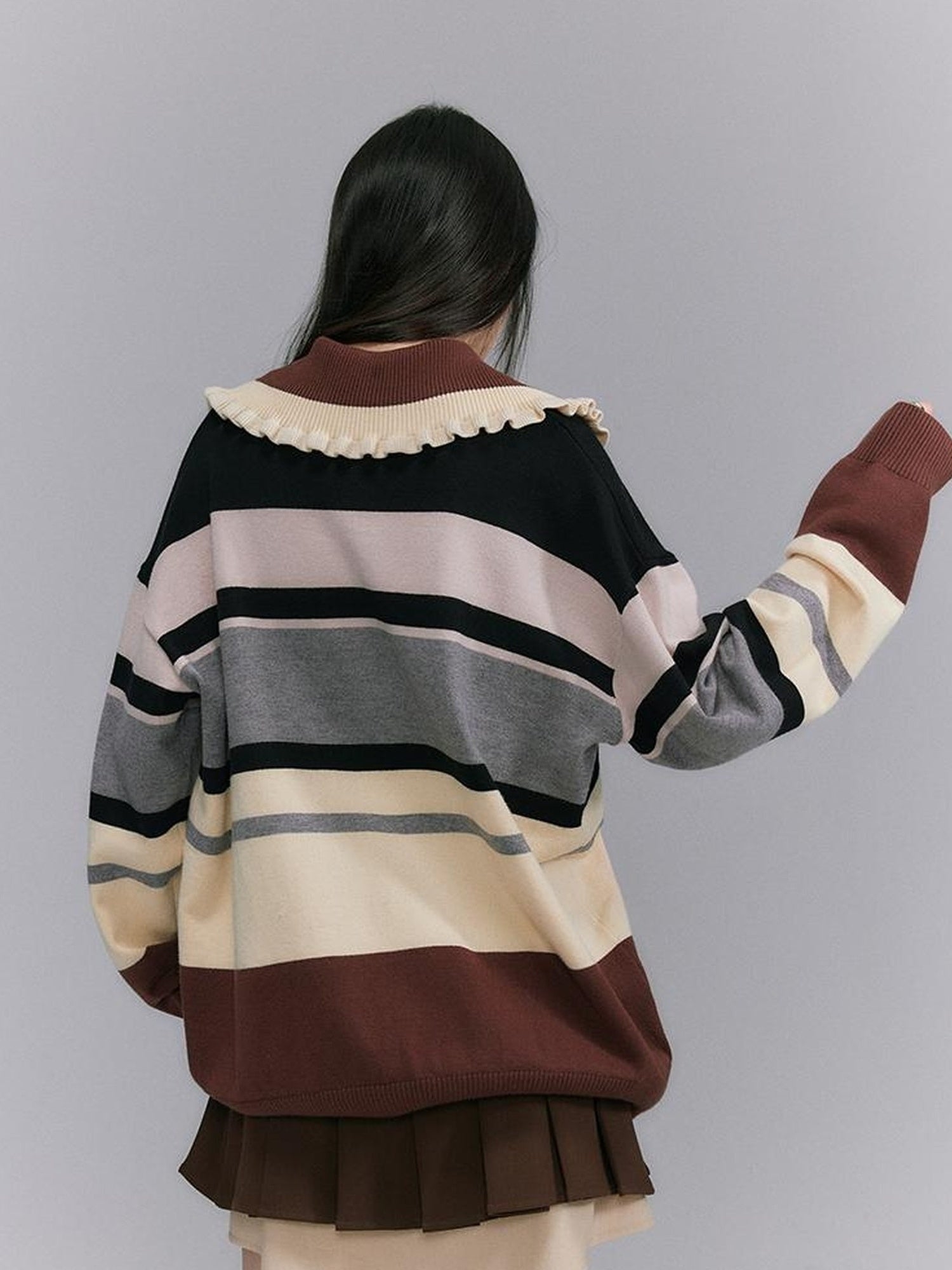 DIDDI MODA Floral Trim Color Block Stripe Knit Top