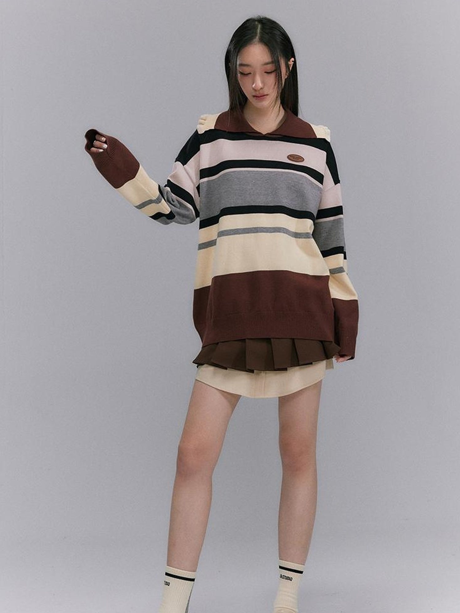 DIDDI MODA Floral Trim Color Block Stripe Knit Top