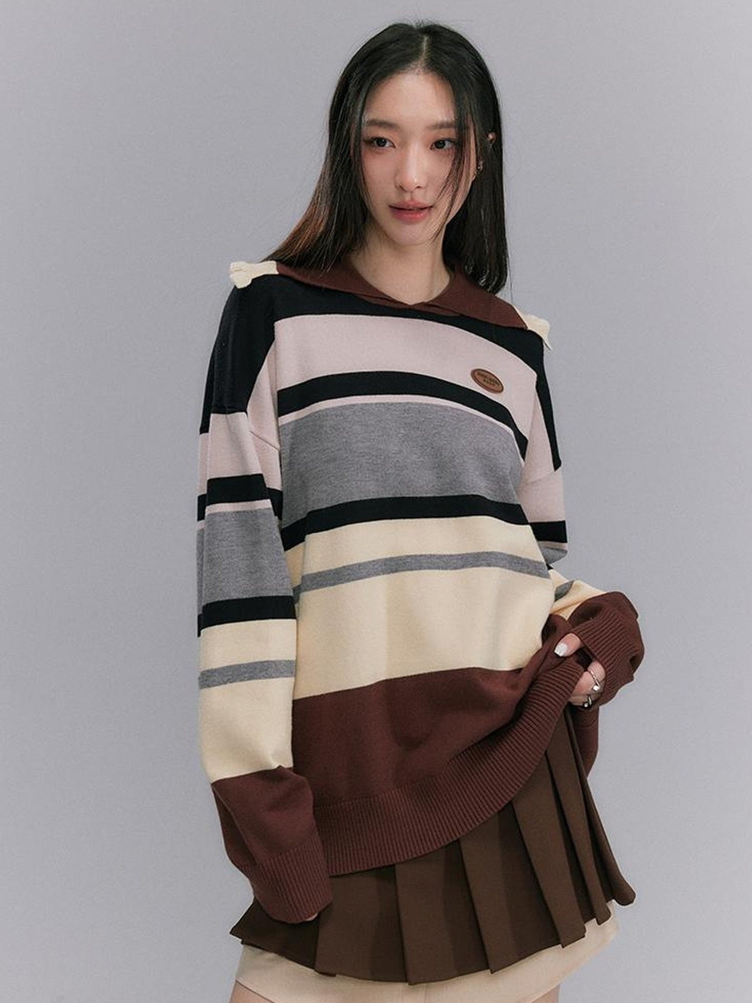 DIDDI MODA Floral Trim Color Block Stripe Knit Top