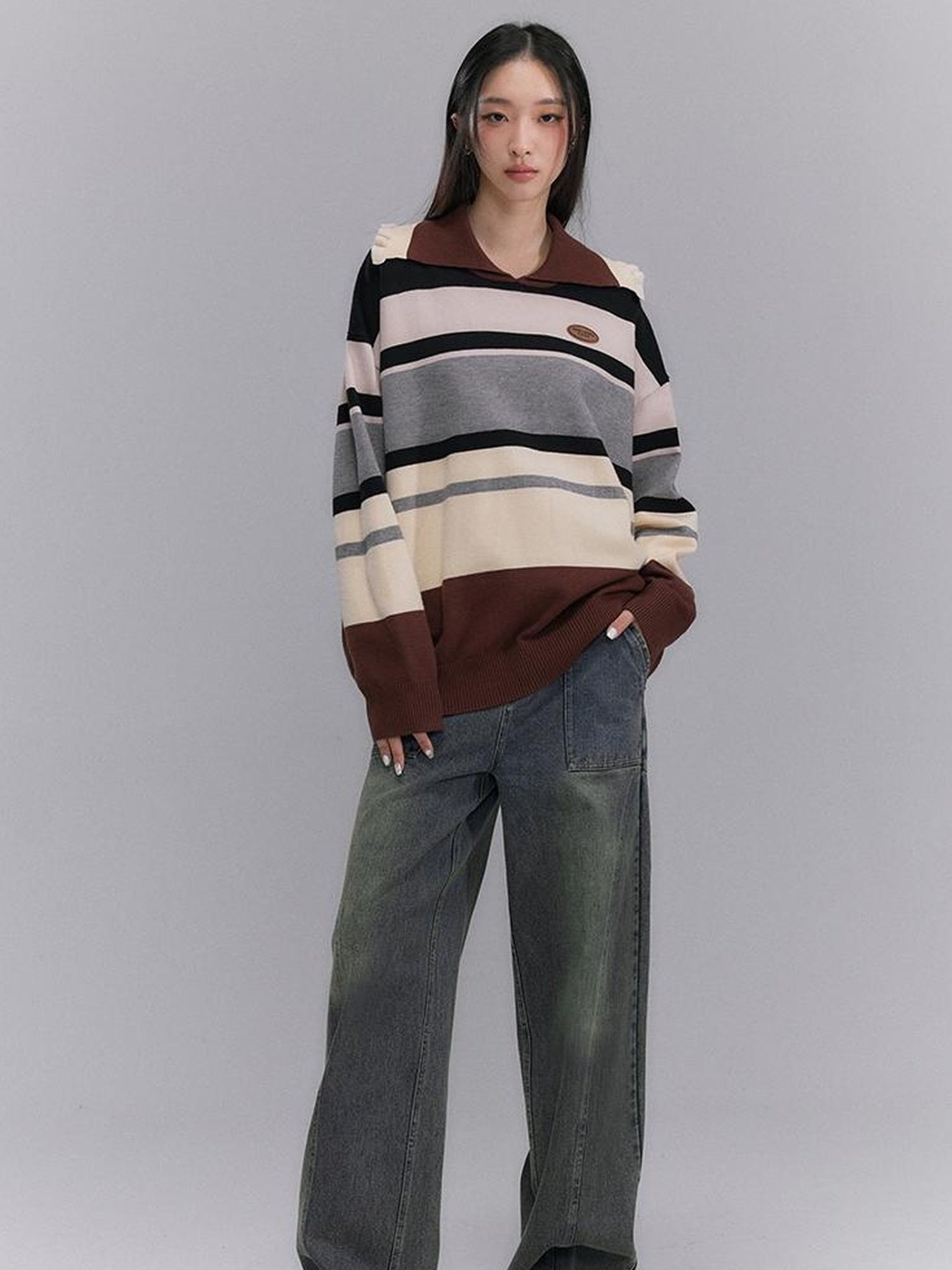DIDDI MODA Floral Trim Color Block Stripe Knit Top