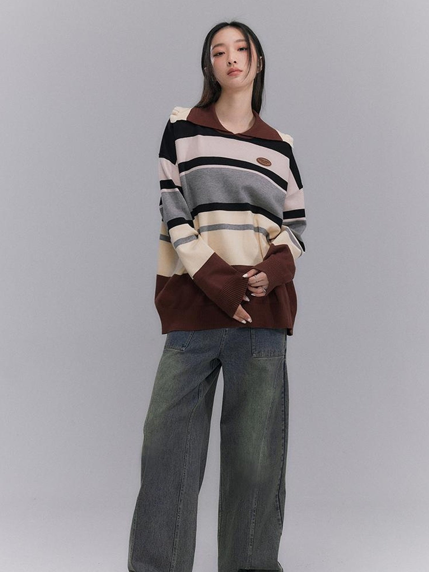 DIDDI MODA Floral Trim Color Block Stripe Knit Top