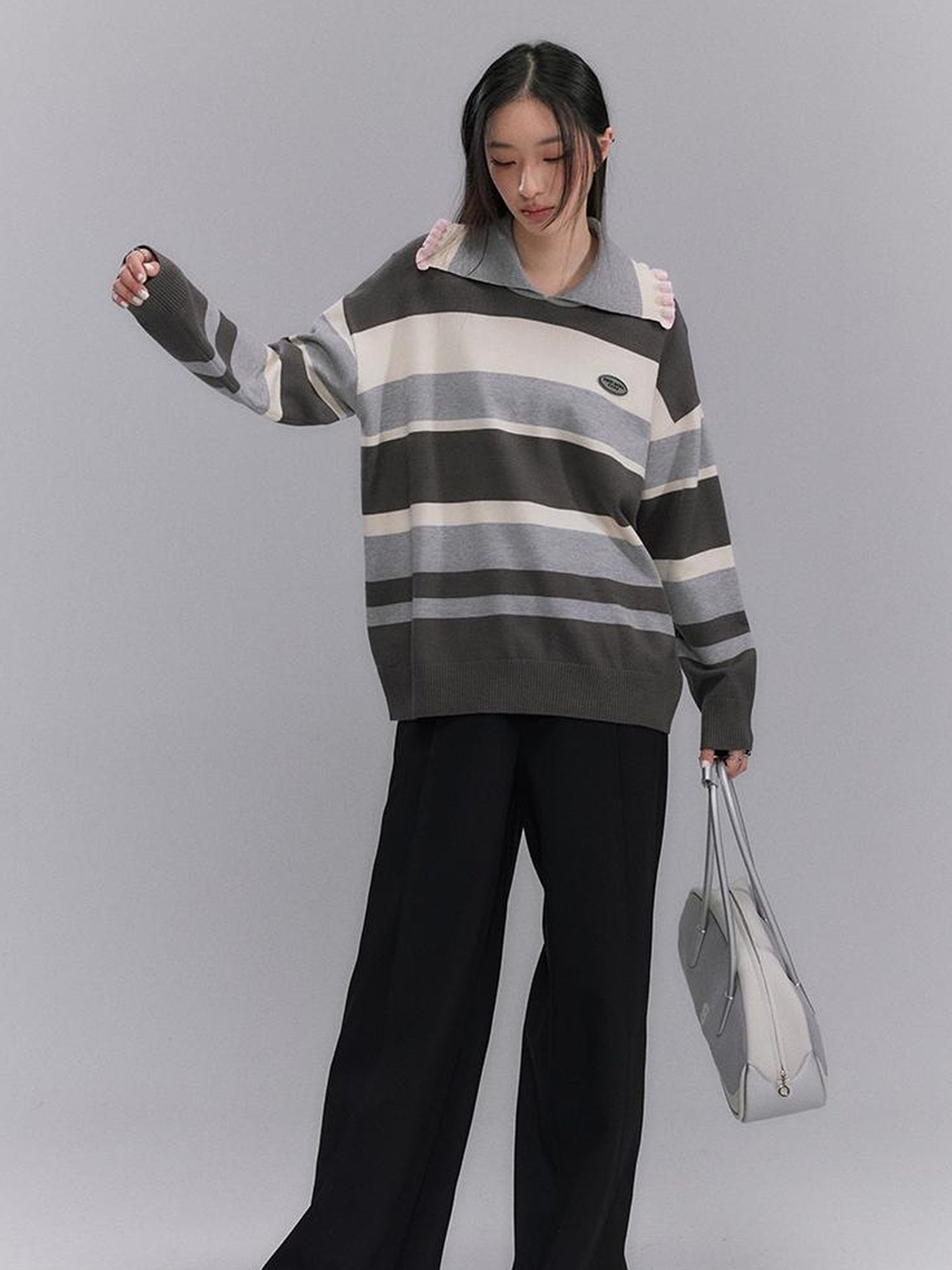 DIDDI MODA Floral Trim Color Block Stripe Knit Top