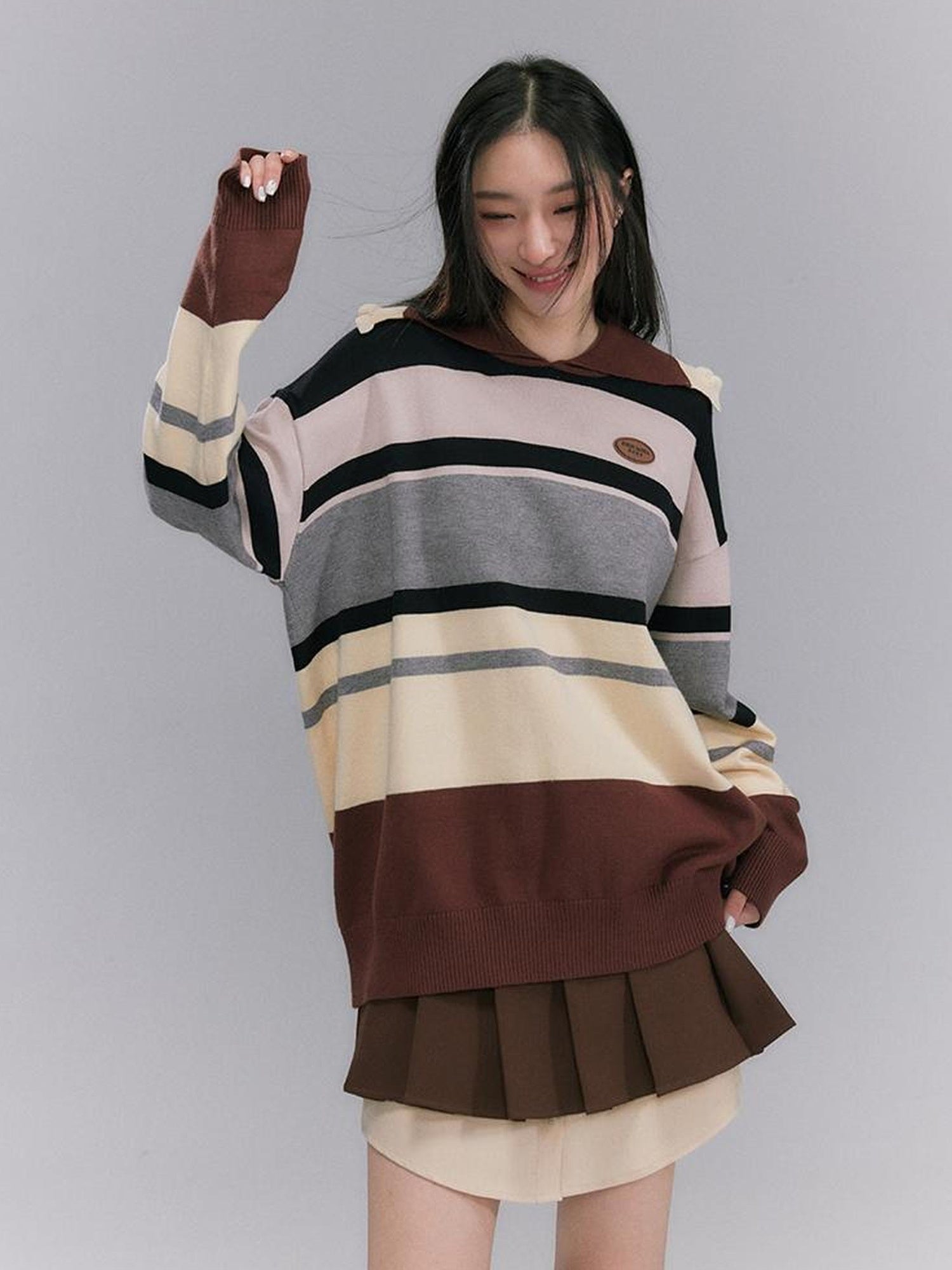 DIDDI MODA Floral Trim Color Block Stripe Knit Top