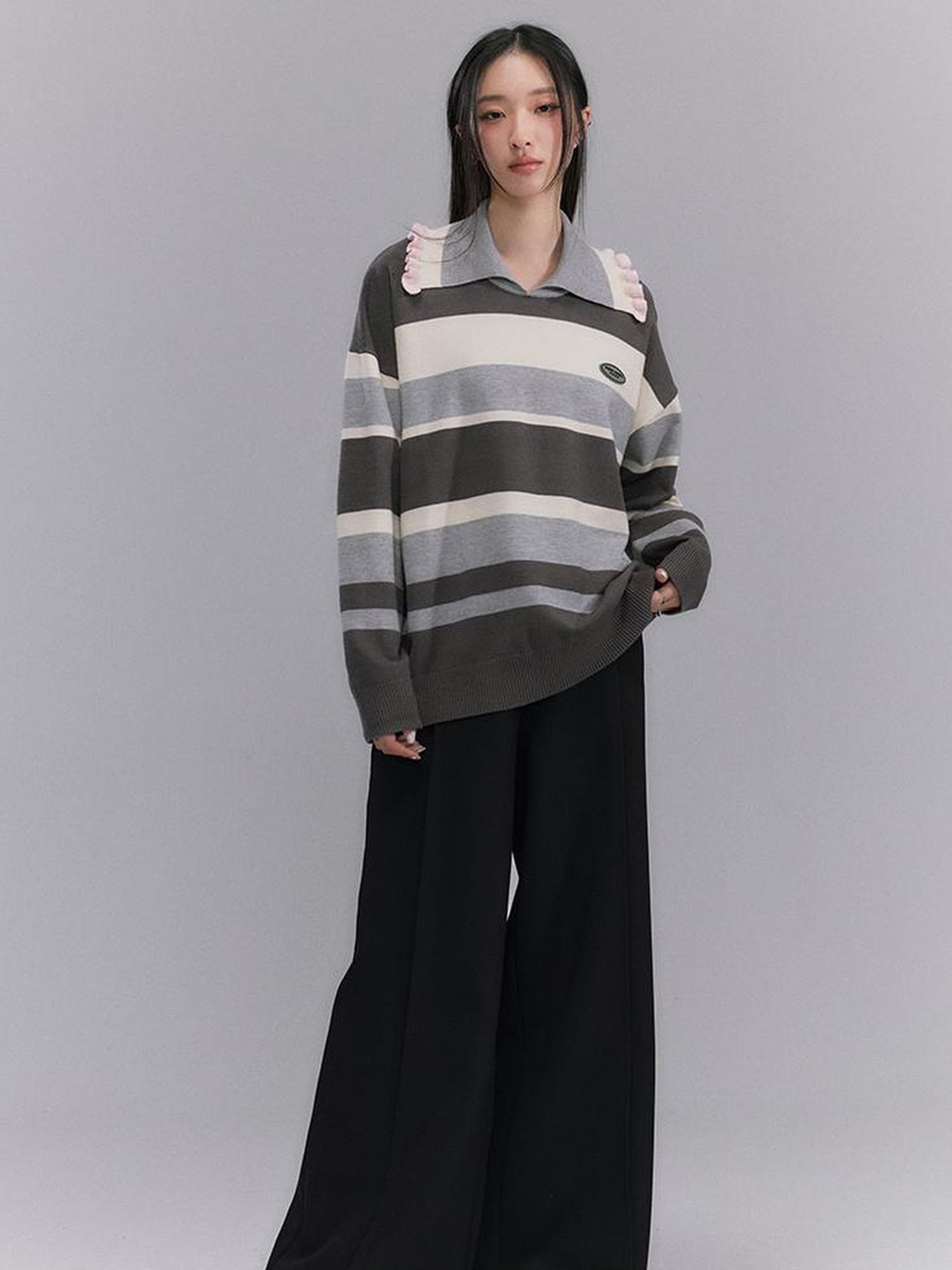 DIDDI MODA Floral Trim Color Block Stripe Knit Top
