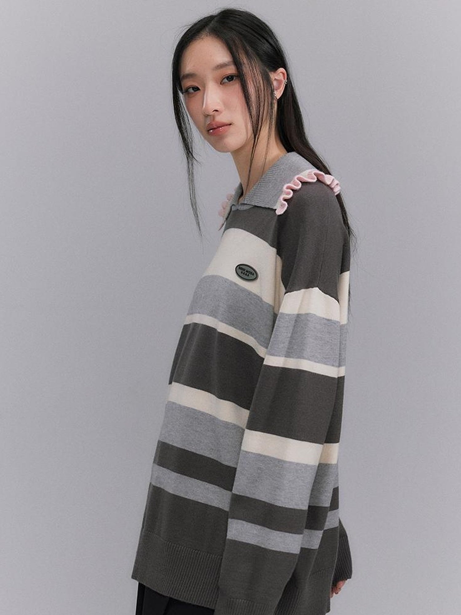 DIDDI MODA Floral Trim Color Block Stripe Knit Top