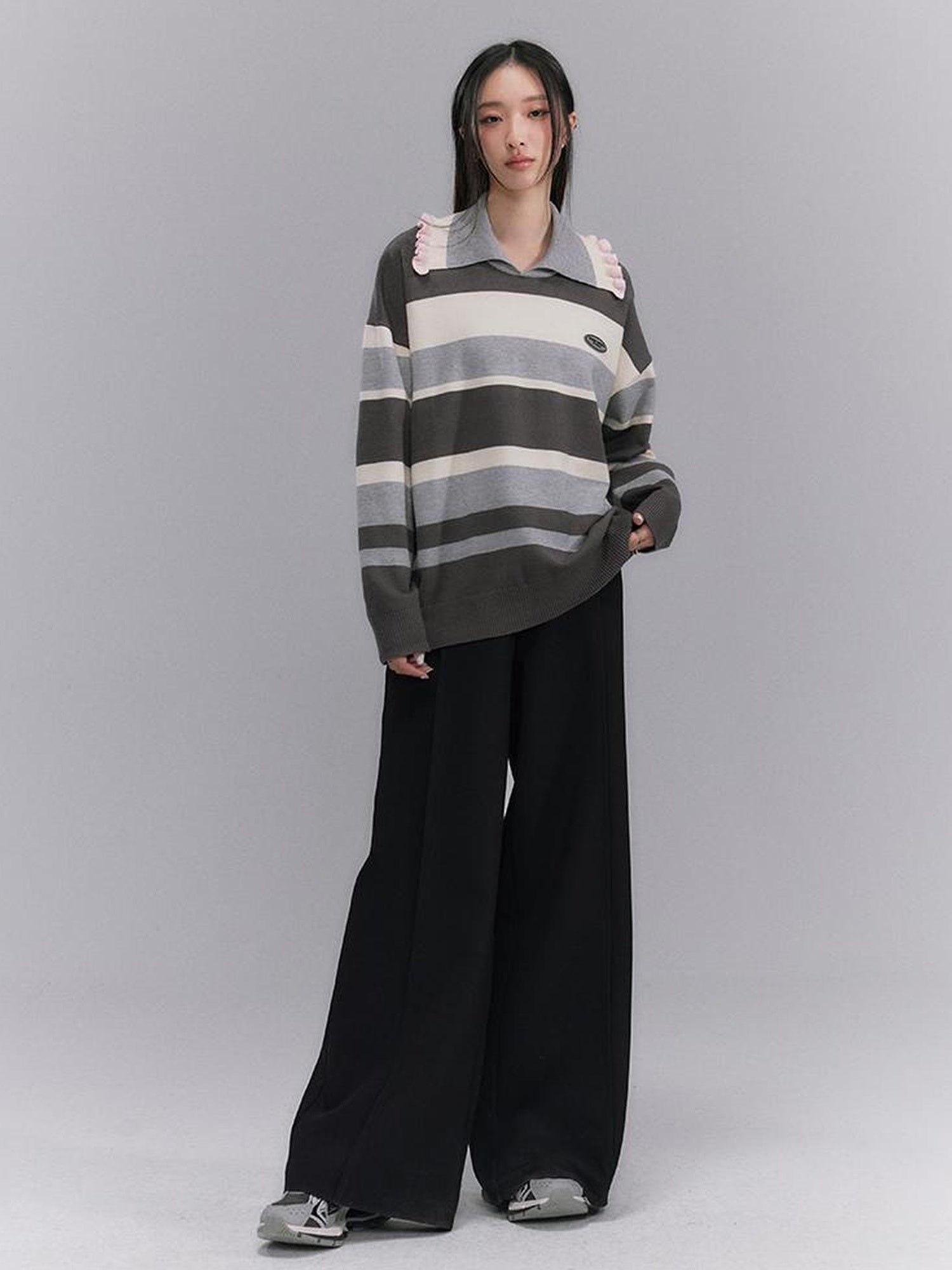 DIDDI MODA Floral Trim Color Block Stripe Knit Top
