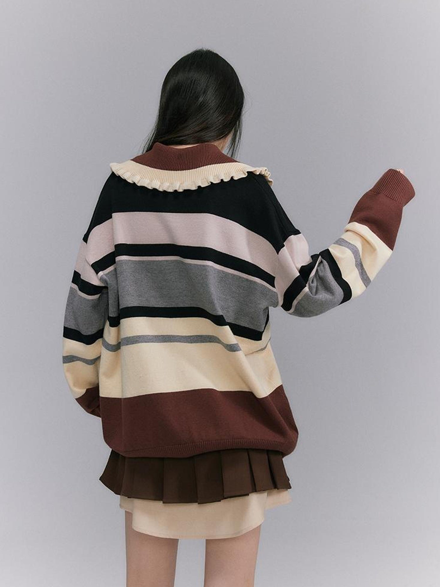 DIDDI MODA Floral Trim Color Block Stripe Knit Top