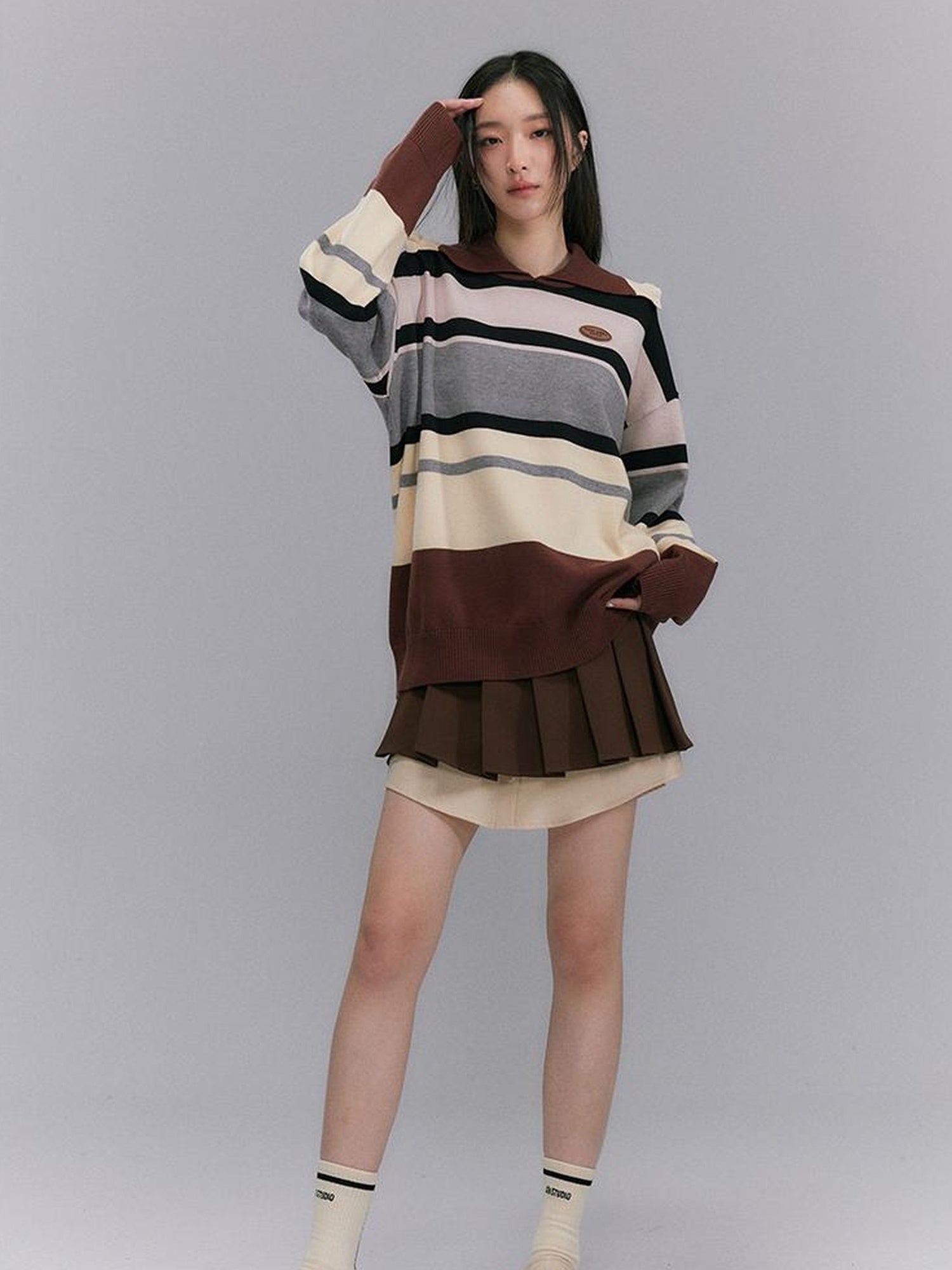 DIDDI MODA Floral Trim Color Block Stripe Knit Top
