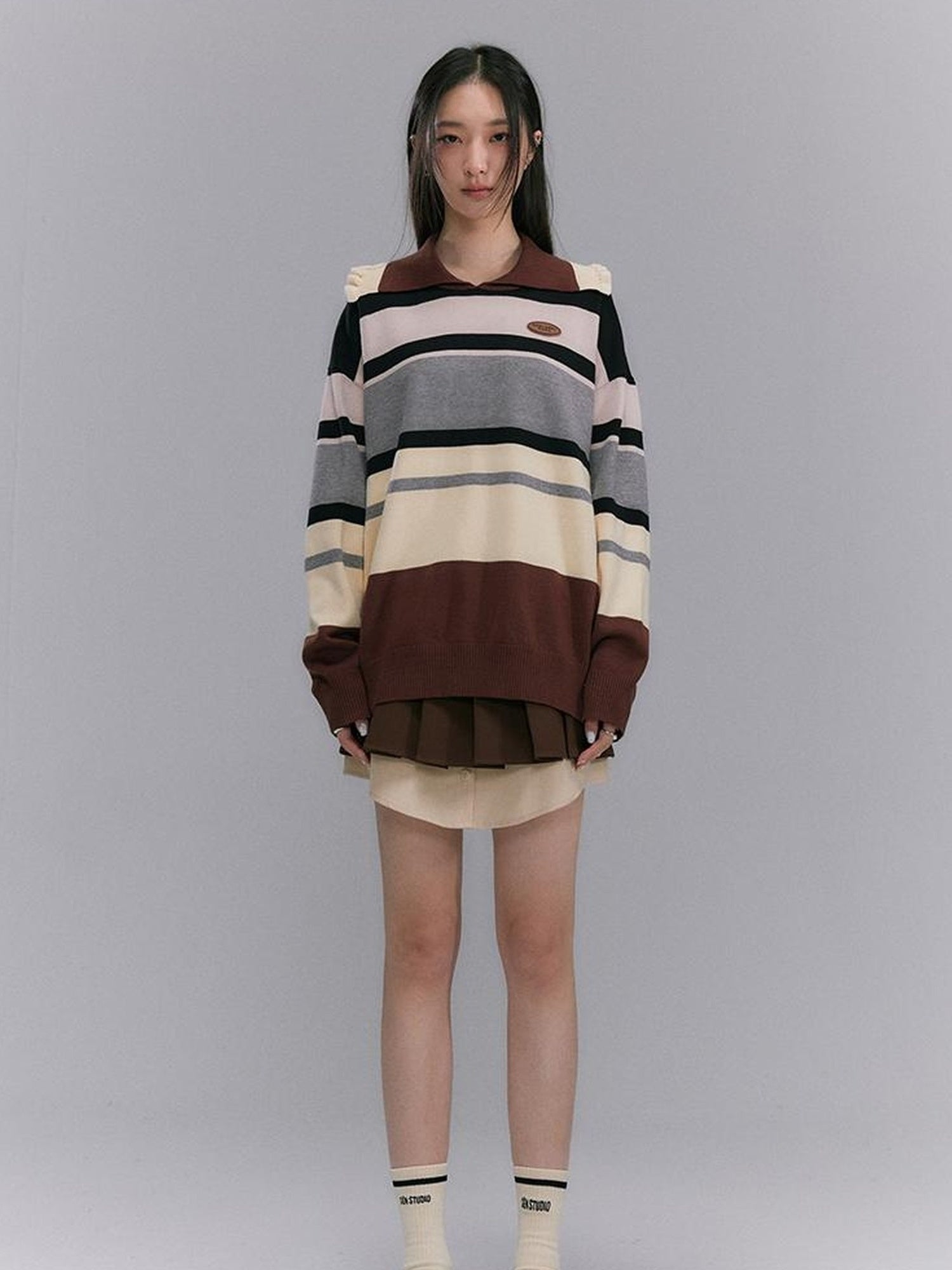 DIDDI MODA Floral Trim Color Block Stripe Knit Top