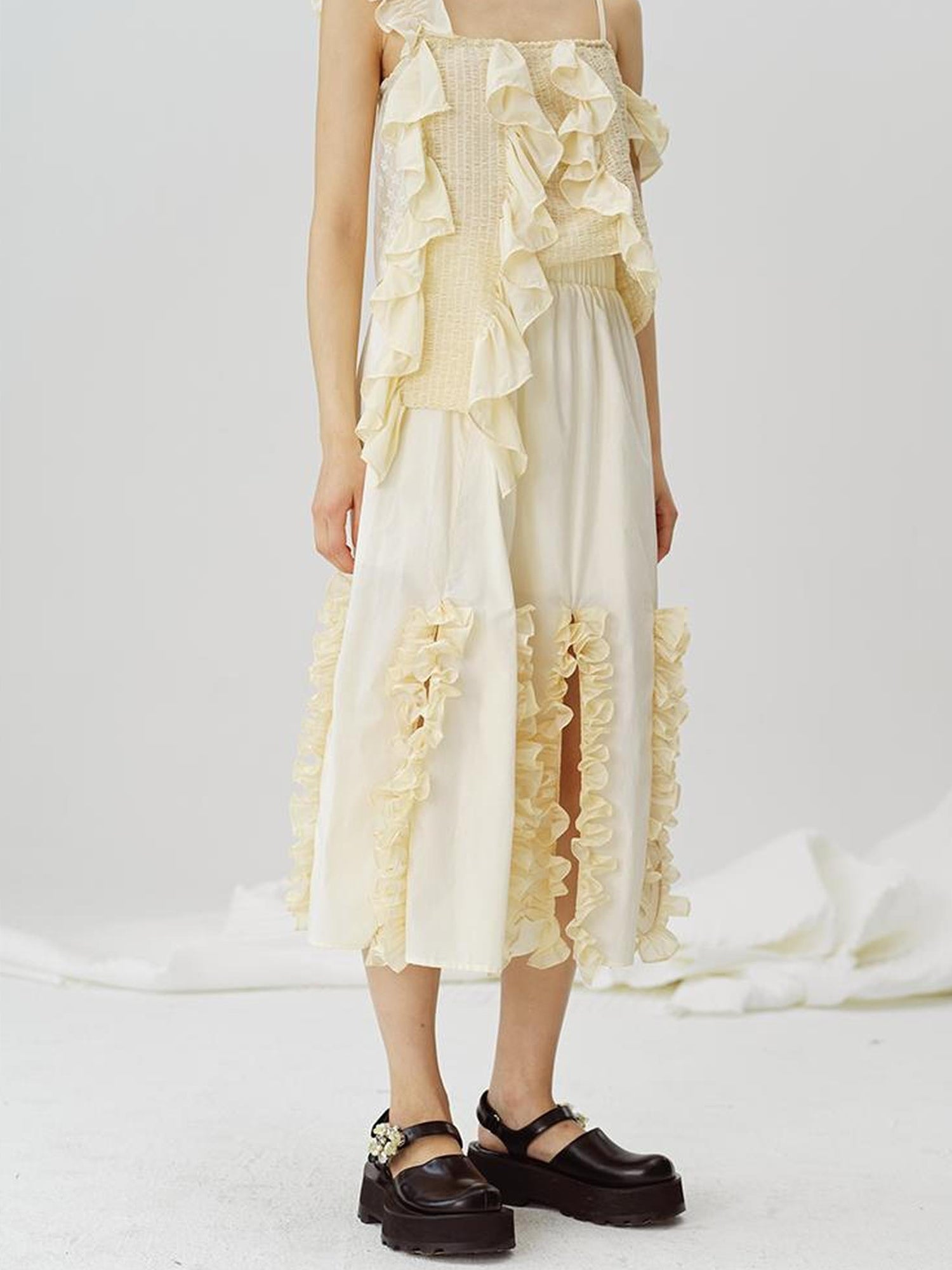 DIDDI MODA Flounced Split Hem Midi Skirt With Elastic Waist