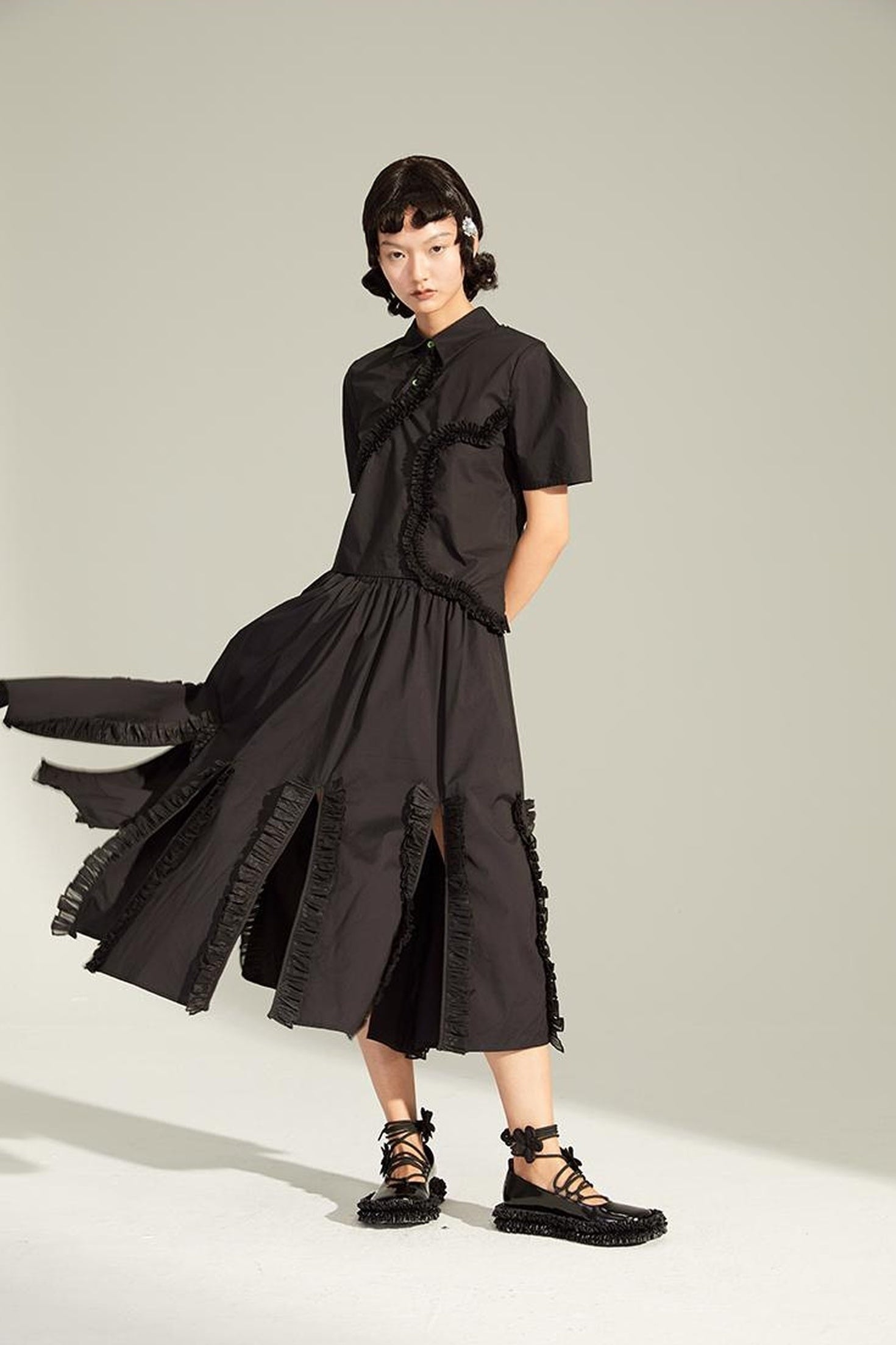 DIDDI MODA Flounced Split Hem Midi Skirt With Elastic Waist