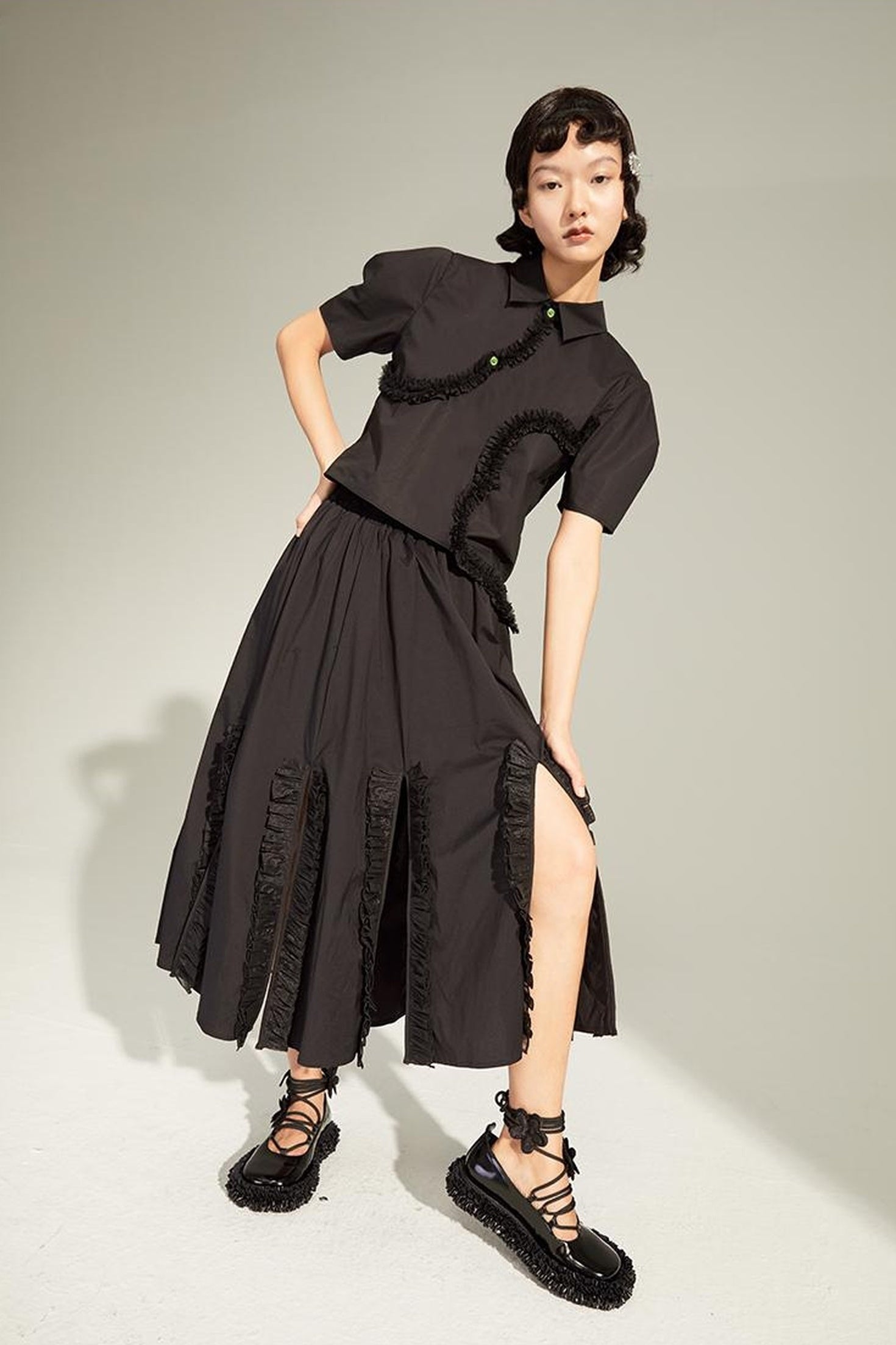 DIDDI MODA Flounced Split Hem Midi Skirt With Elastic Waist