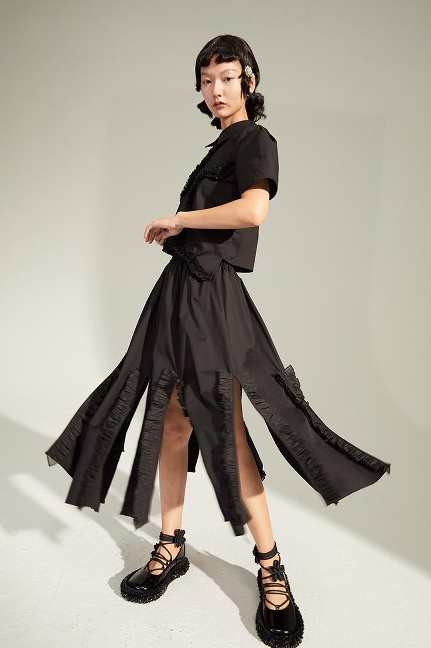 DIDDI MODA Flounced Split Hem Midi Skirt With Elastic Waist