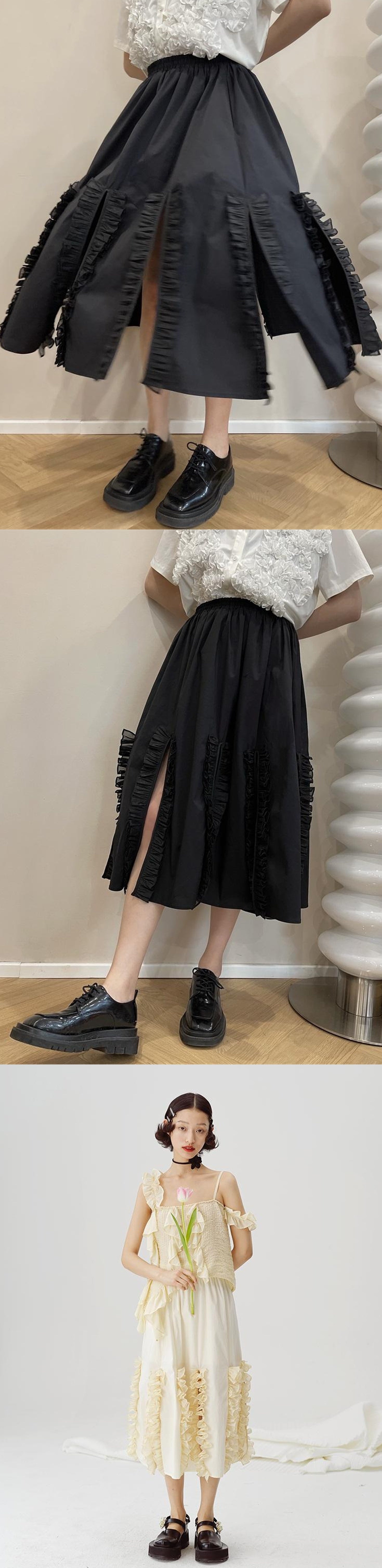 DIDDI MODA Flounced Split Hem Midi Skirt With Elastic Waist