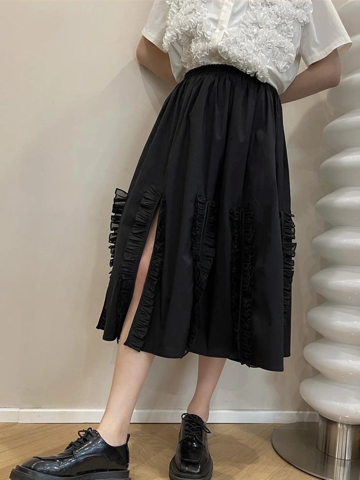 Flounced Split Hem Midi Skirt With Elastic Waist