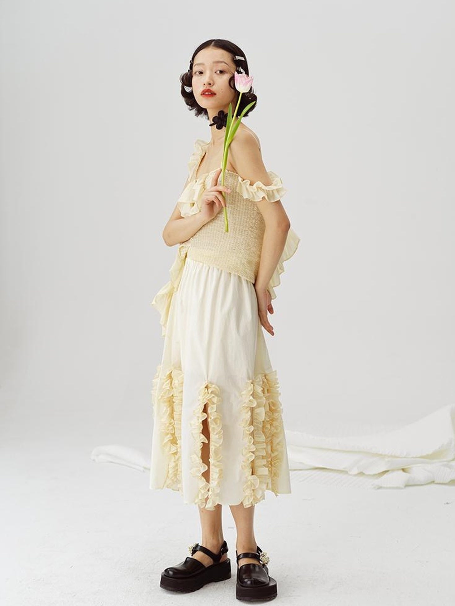 DIDDI MODA Flounced Split Hem Midi Skirt With Elastic Waist