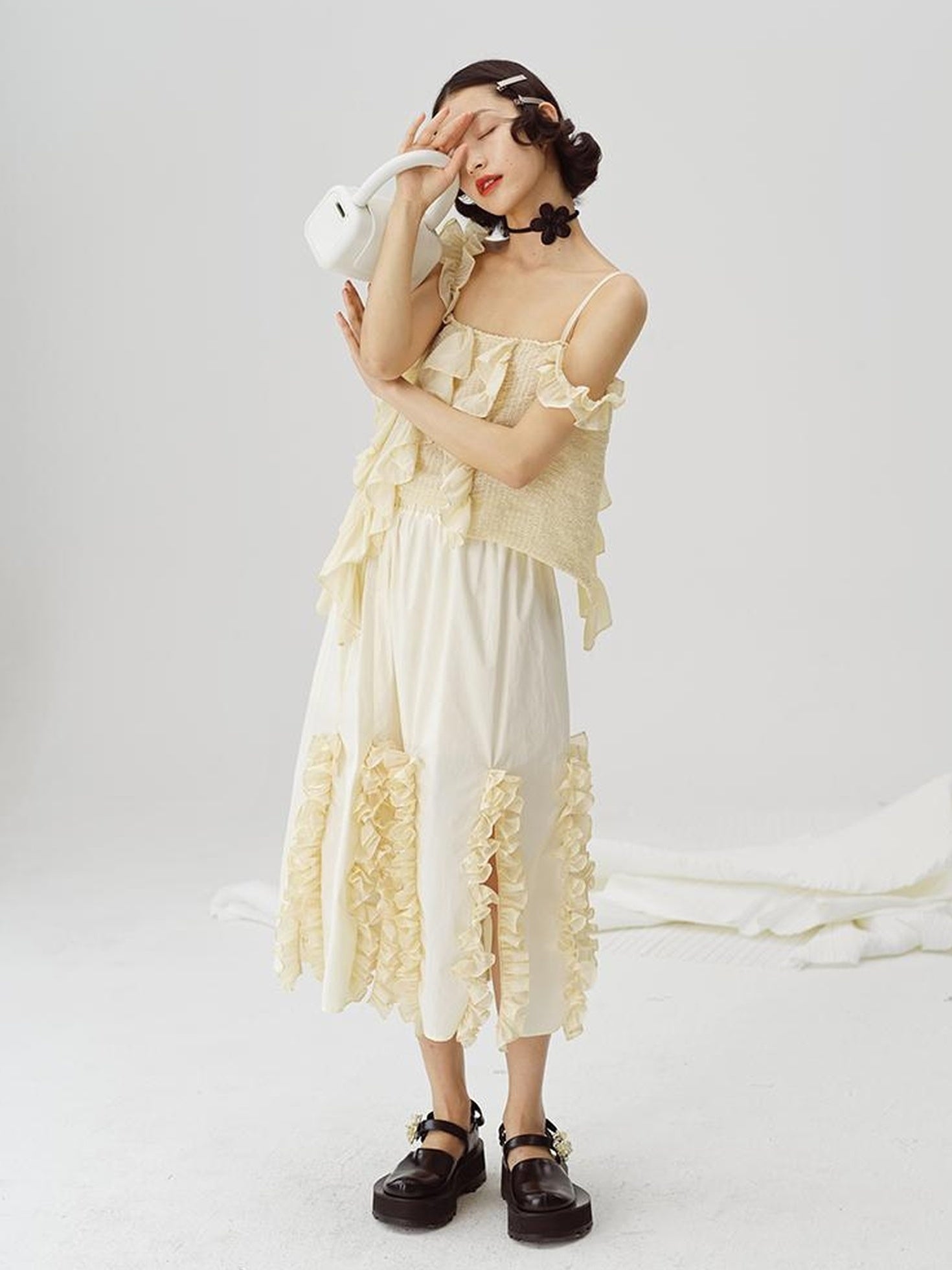 DIDDI MODA Flounced Split Hem Midi Skirt With Elastic Waist