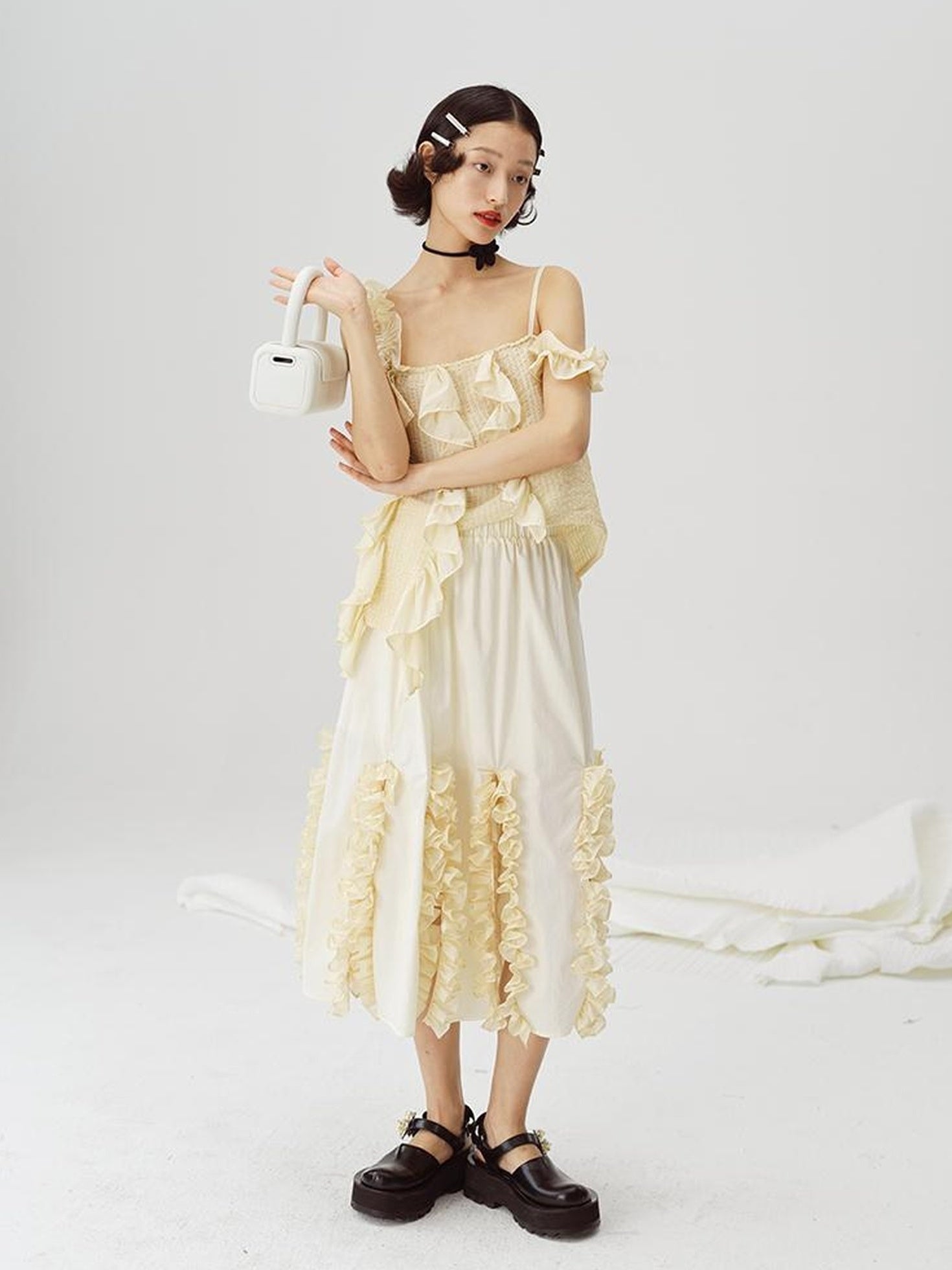 DIDDI MODA Flounced Split Hem Midi Skirt With Elastic Waist