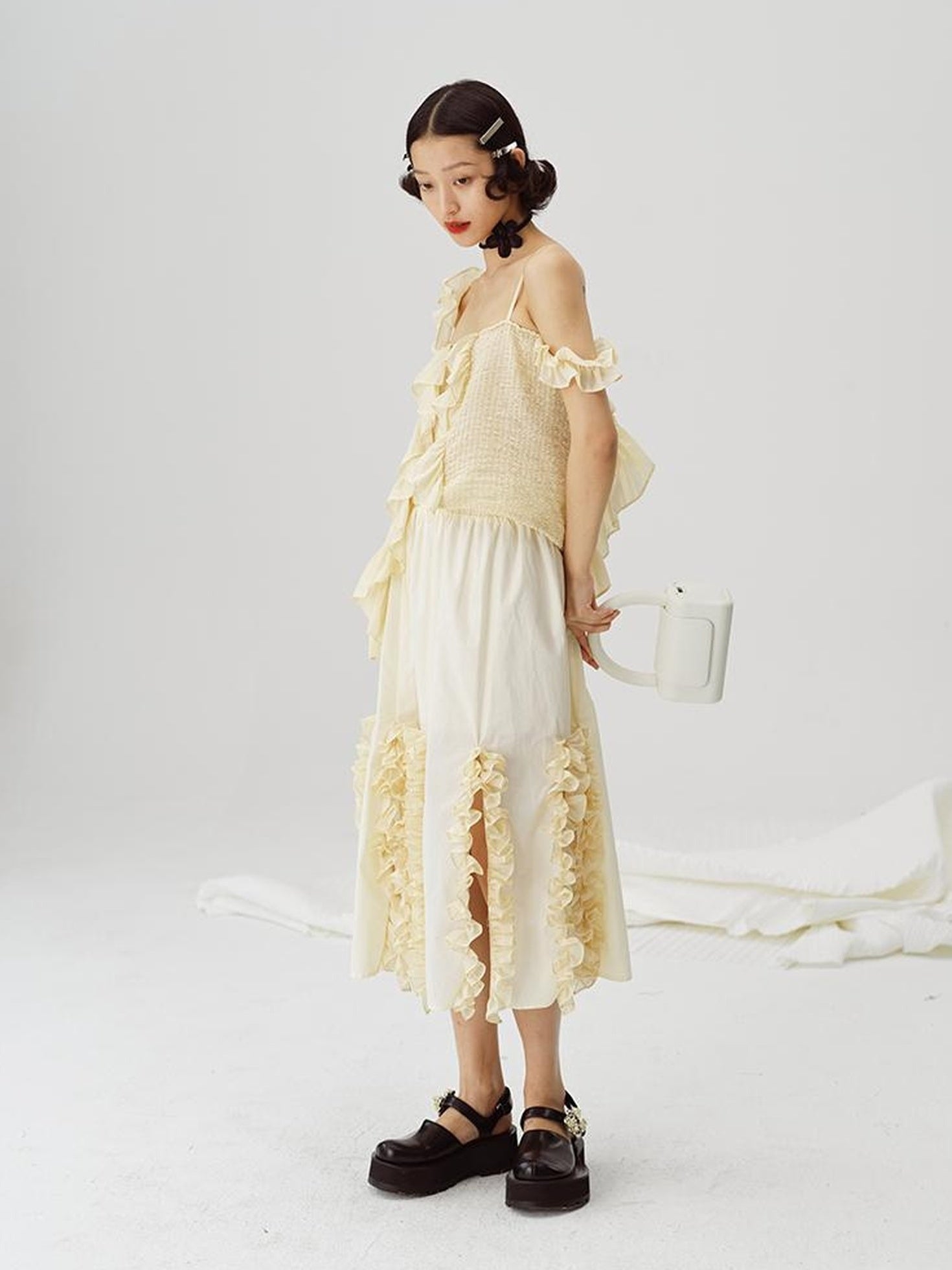 DIDDI MODA Flounced Split Hem Midi Skirt With Elastic Waist