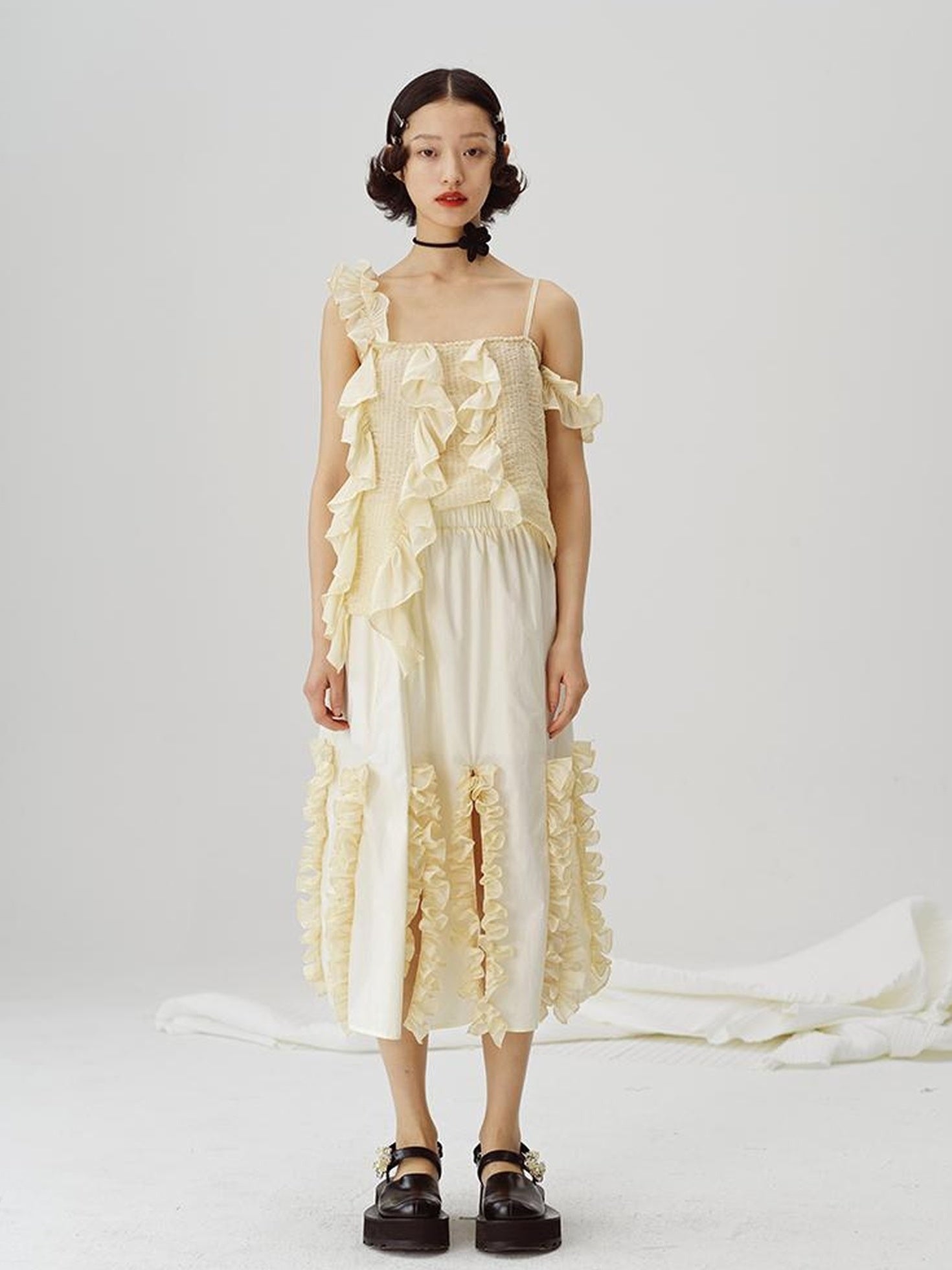 DIDDI MODA Flounced Split Hem Midi Skirt With Elastic Waist