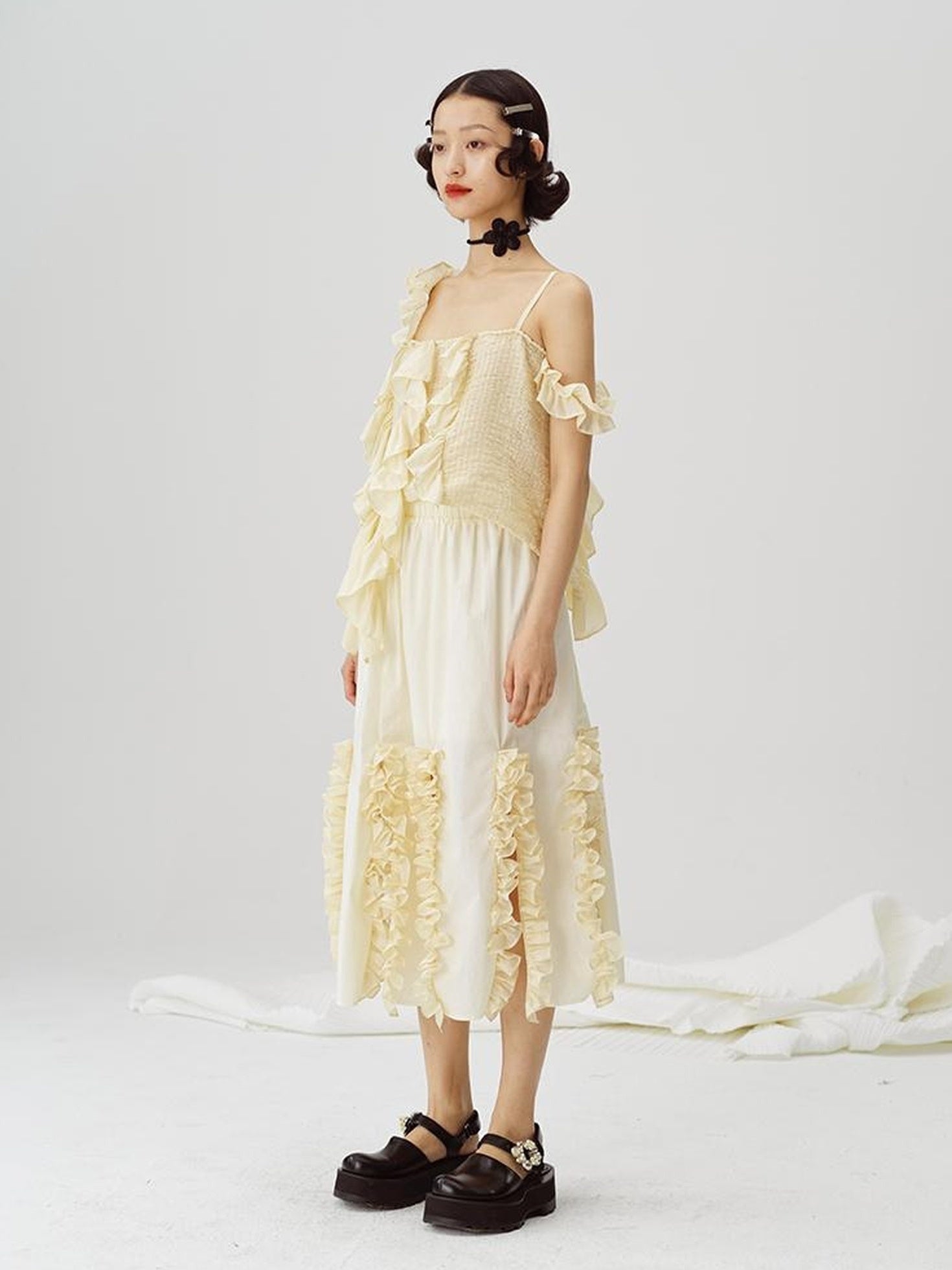 DIDDI MODA Flounced Split Hem Midi Skirt With Elastic Waist