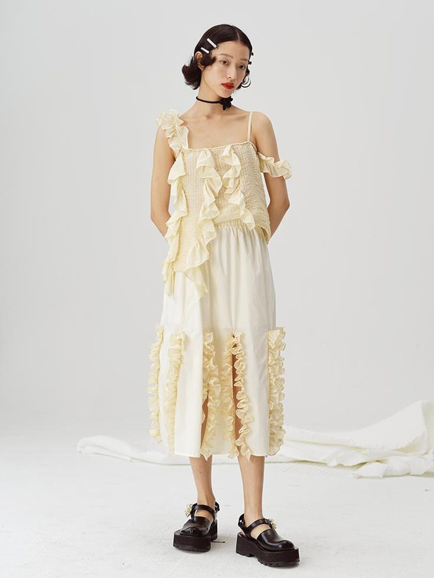 DIDDI MODA Flounced Split Hem Midi Skirt With Elastic Waist