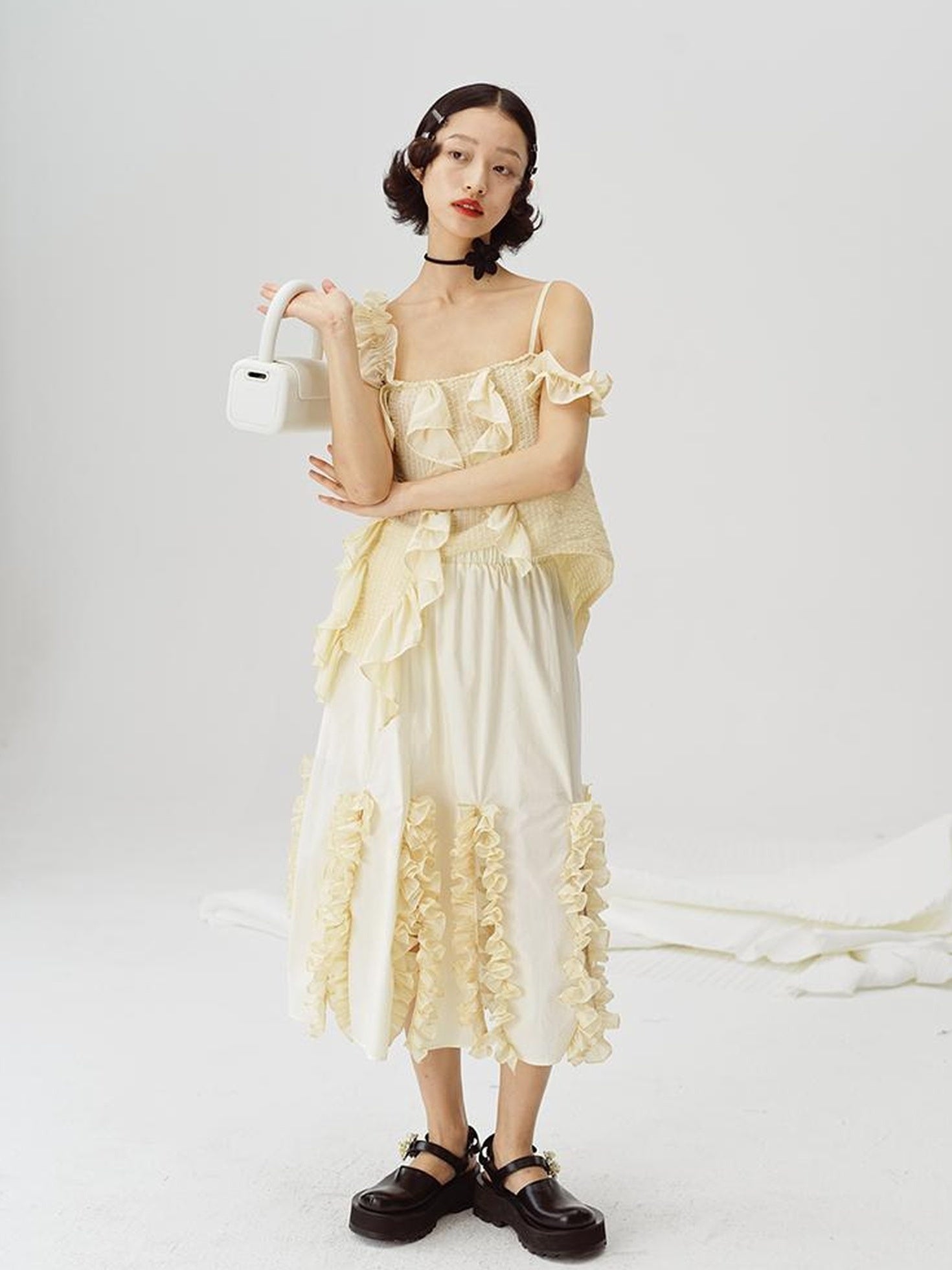 DIDDI MODA Flounced Split Hem Midi Skirt With Elastic Waist