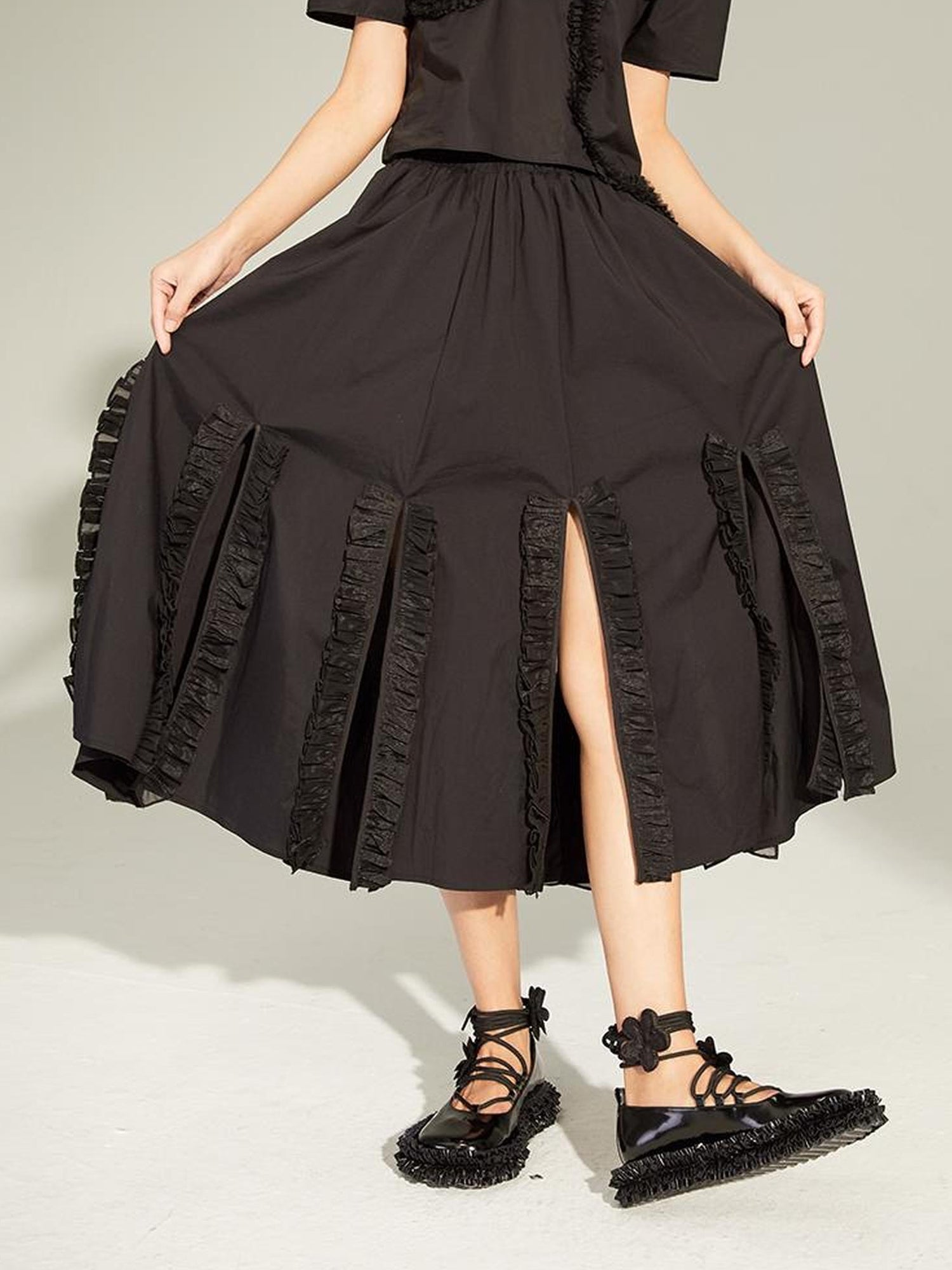 DIDDI MODA Flounced Split Hem Midi Skirt With Elastic Waist