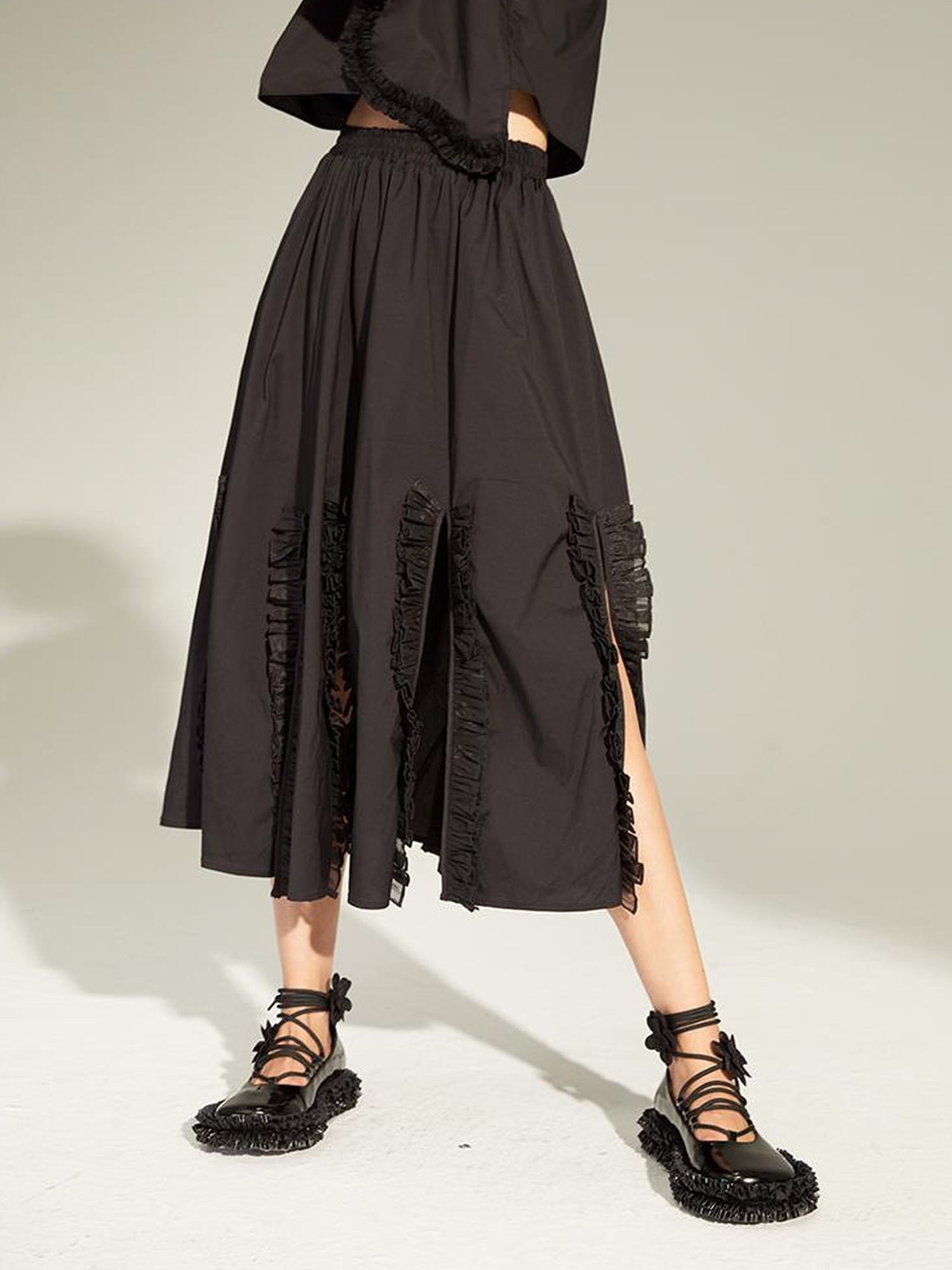 DIDDI MODA Flounced Split Hem Midi Skirt With Elastic Waist