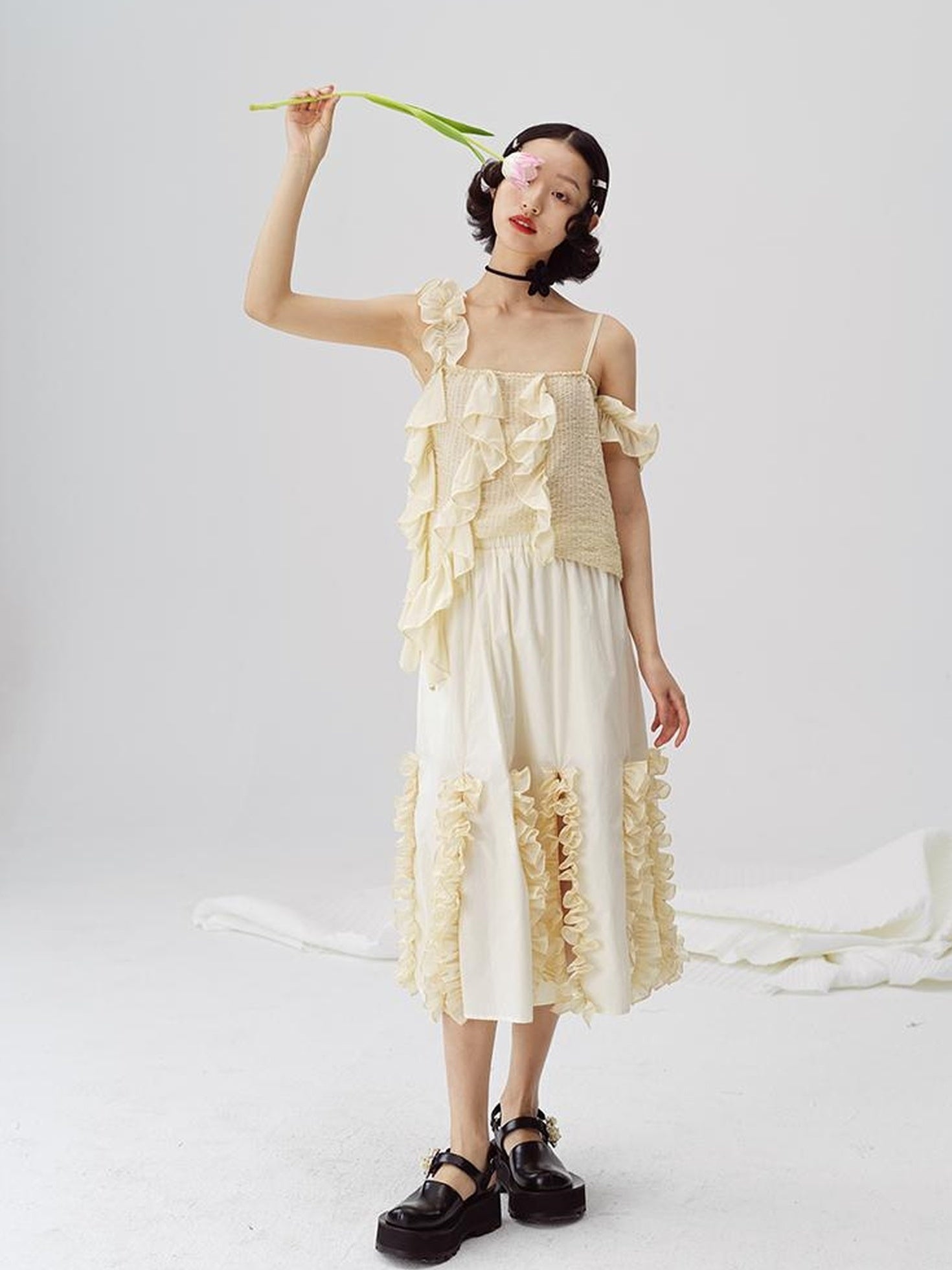 DIDDI MODA Flounced Split Hem Midi Skirt With Elastic Waist