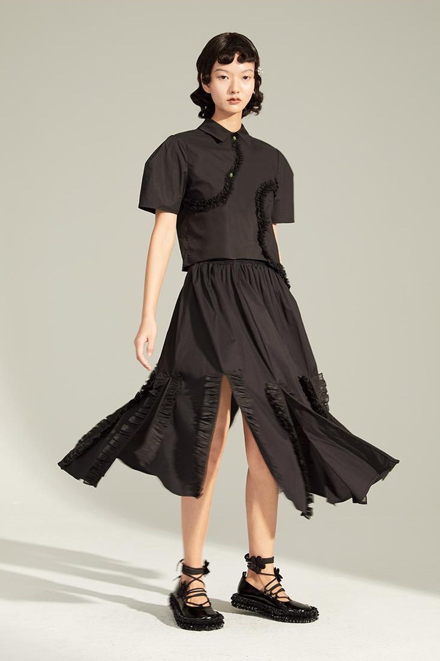 DIDDI MODA Flounced Split Hem Midi Skirt With Elastic Waist