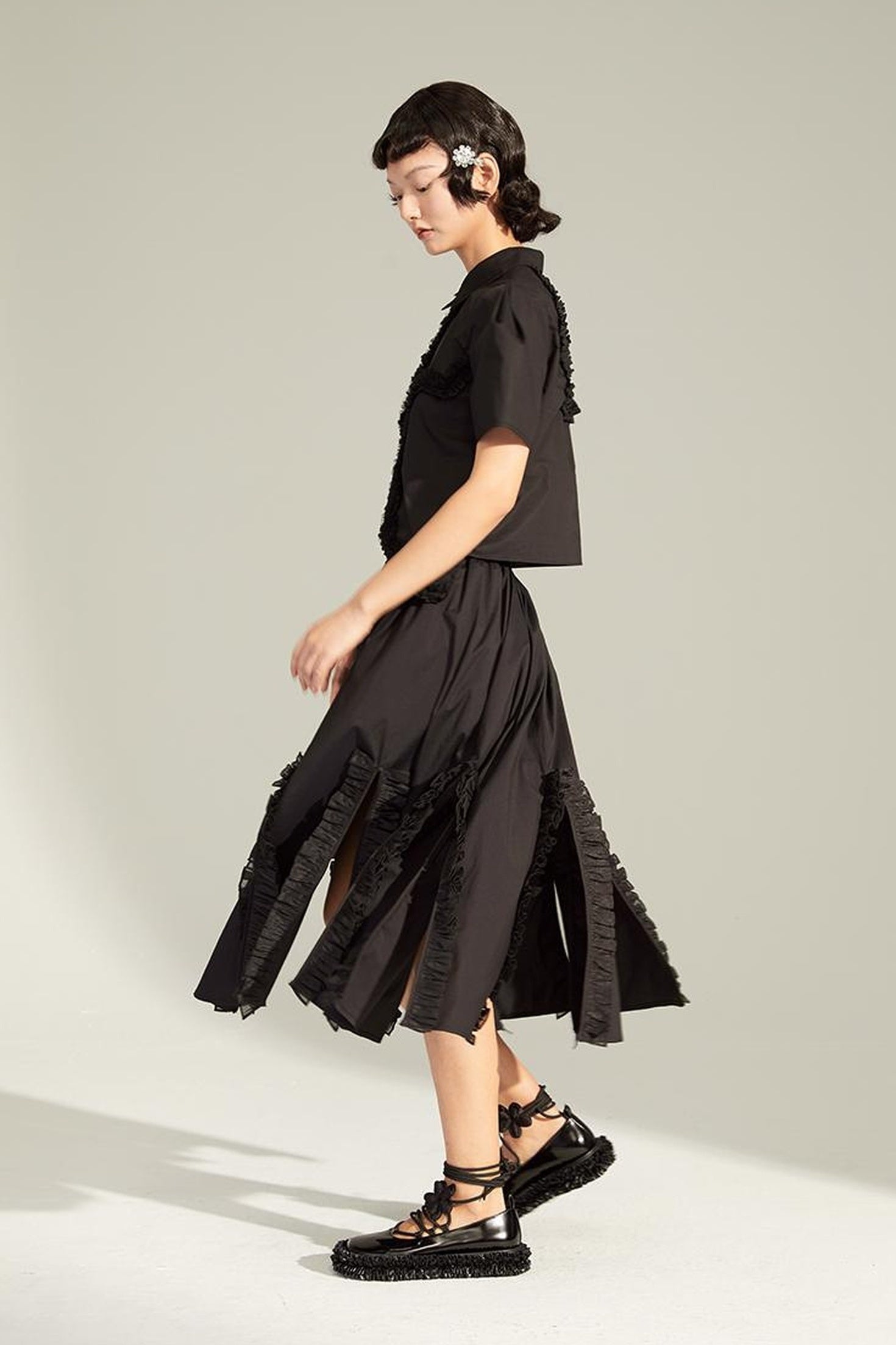 DIDDI MODA Flounced Split Hem Midi Skirt With Elastic Waist