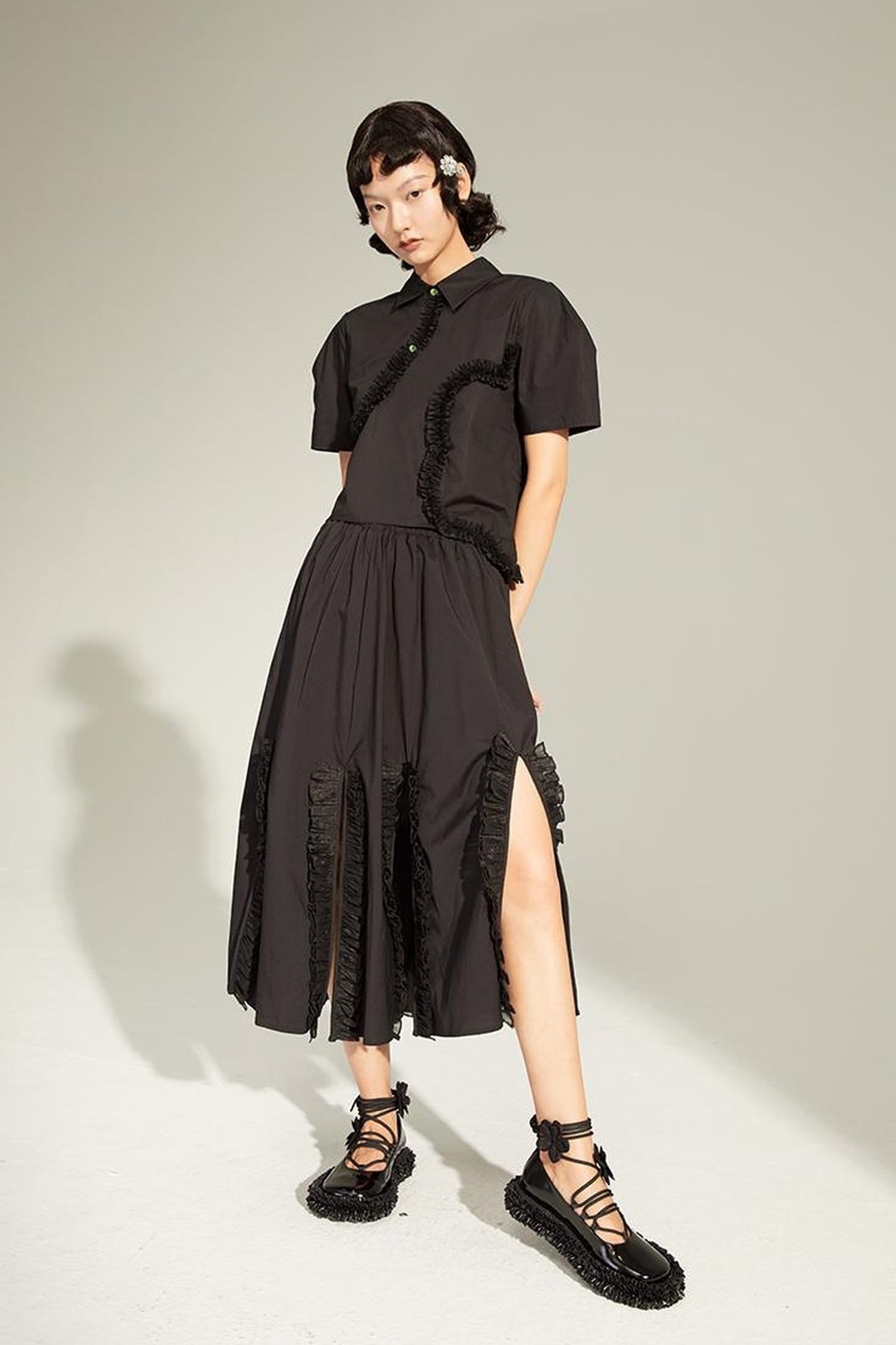 DIDDI MODA Flounced Split Hem Midi Skirt With Elastic Waist