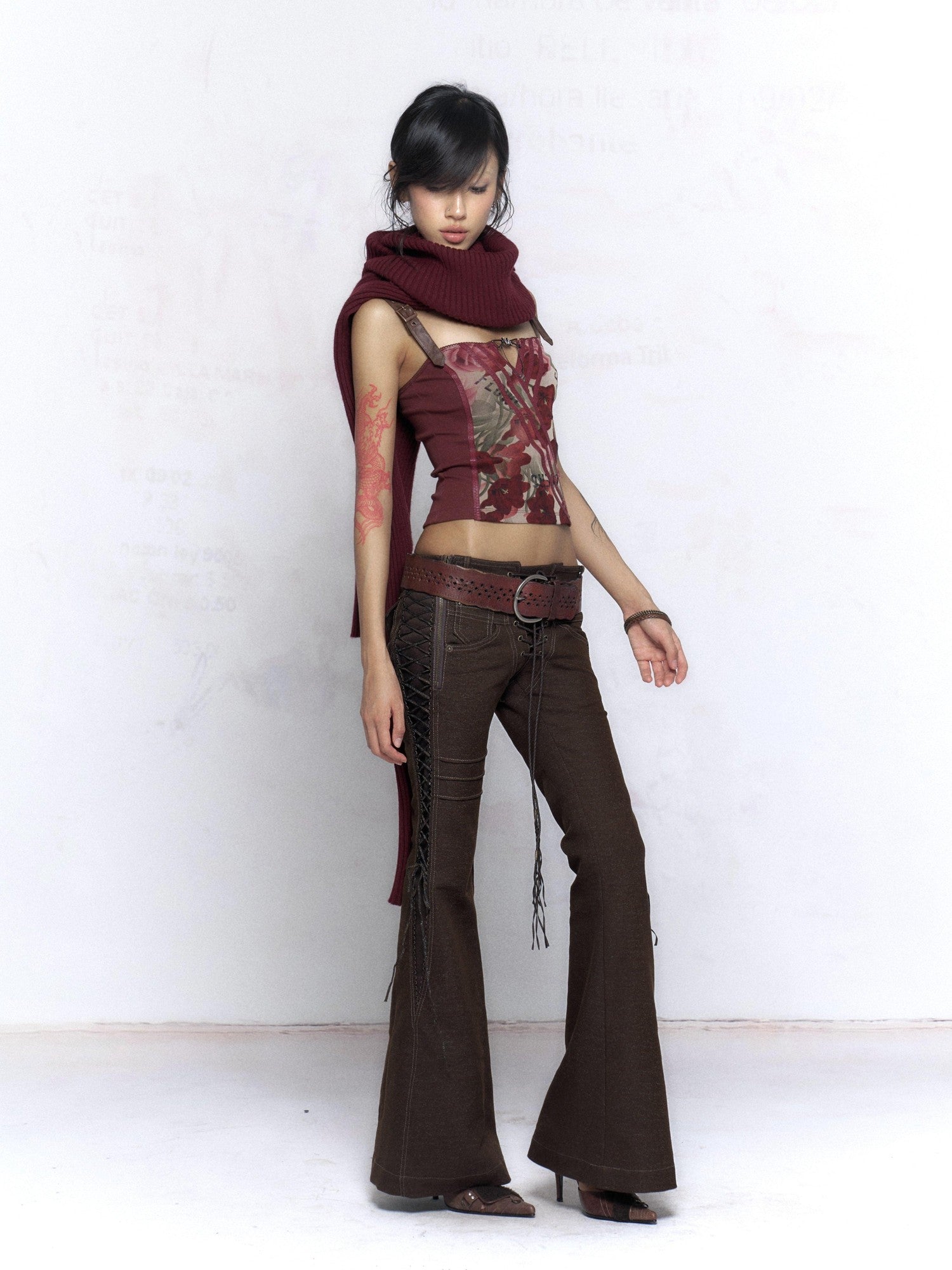 Flowers Birds Market Wine Red Floral Print Leather Splice Zip Slim Fit Women&