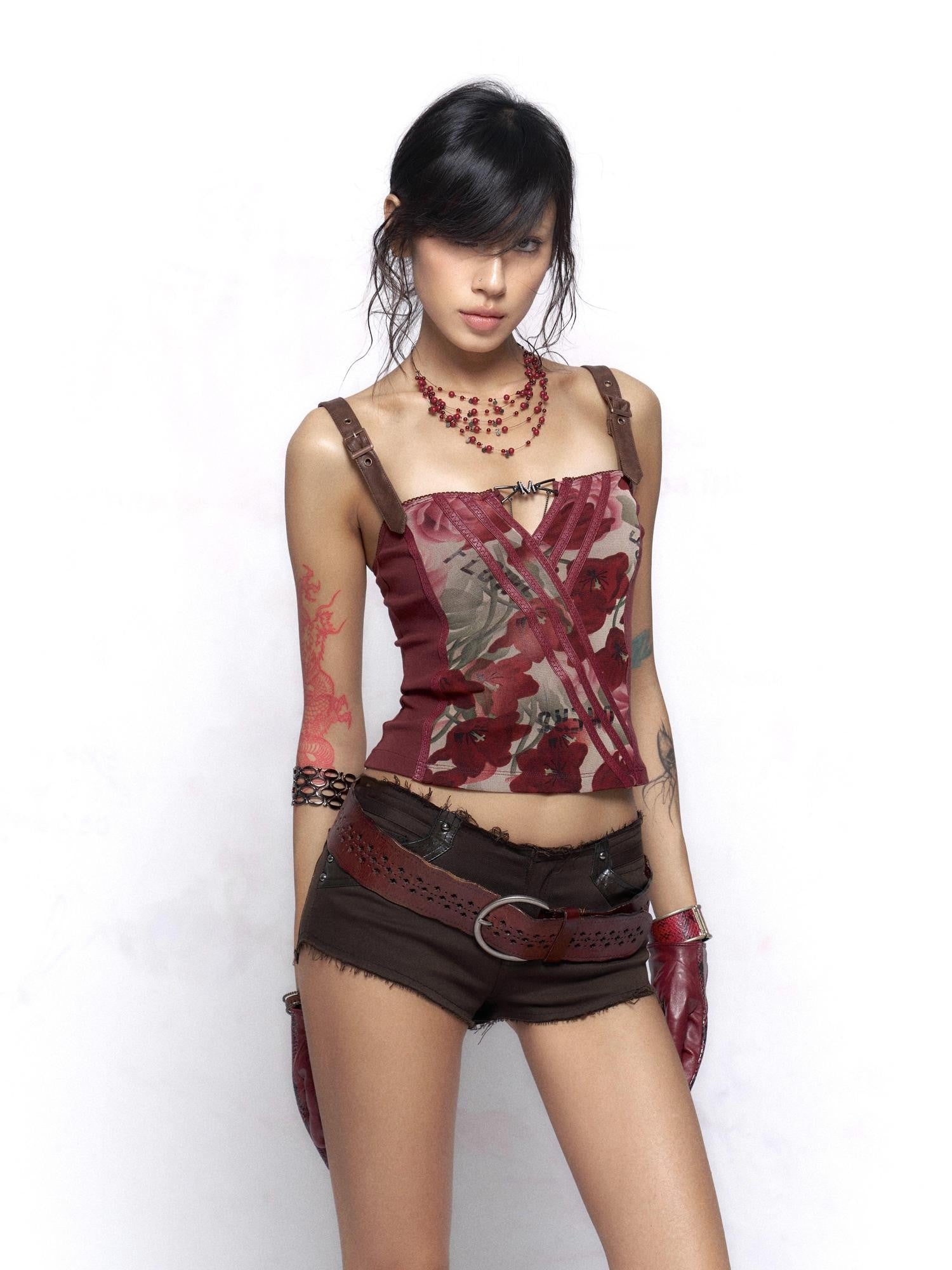 Flowers Birds Market Wine Red Floral Print Leather Splice Zip Slim Fit Women&