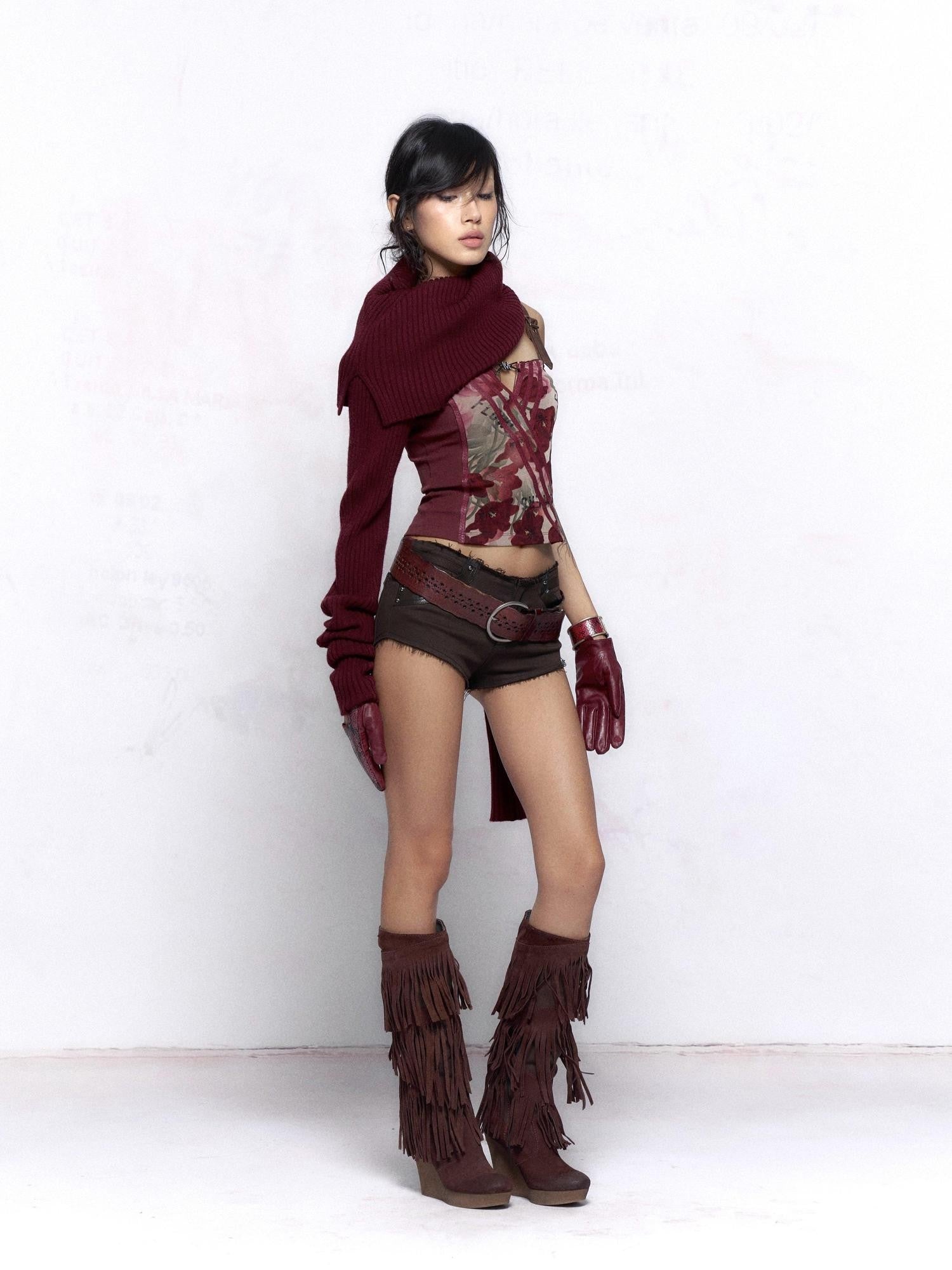 Flowers Birds Market Wine Red Floral Print Leather Splice Zip Slim Fit Women&
