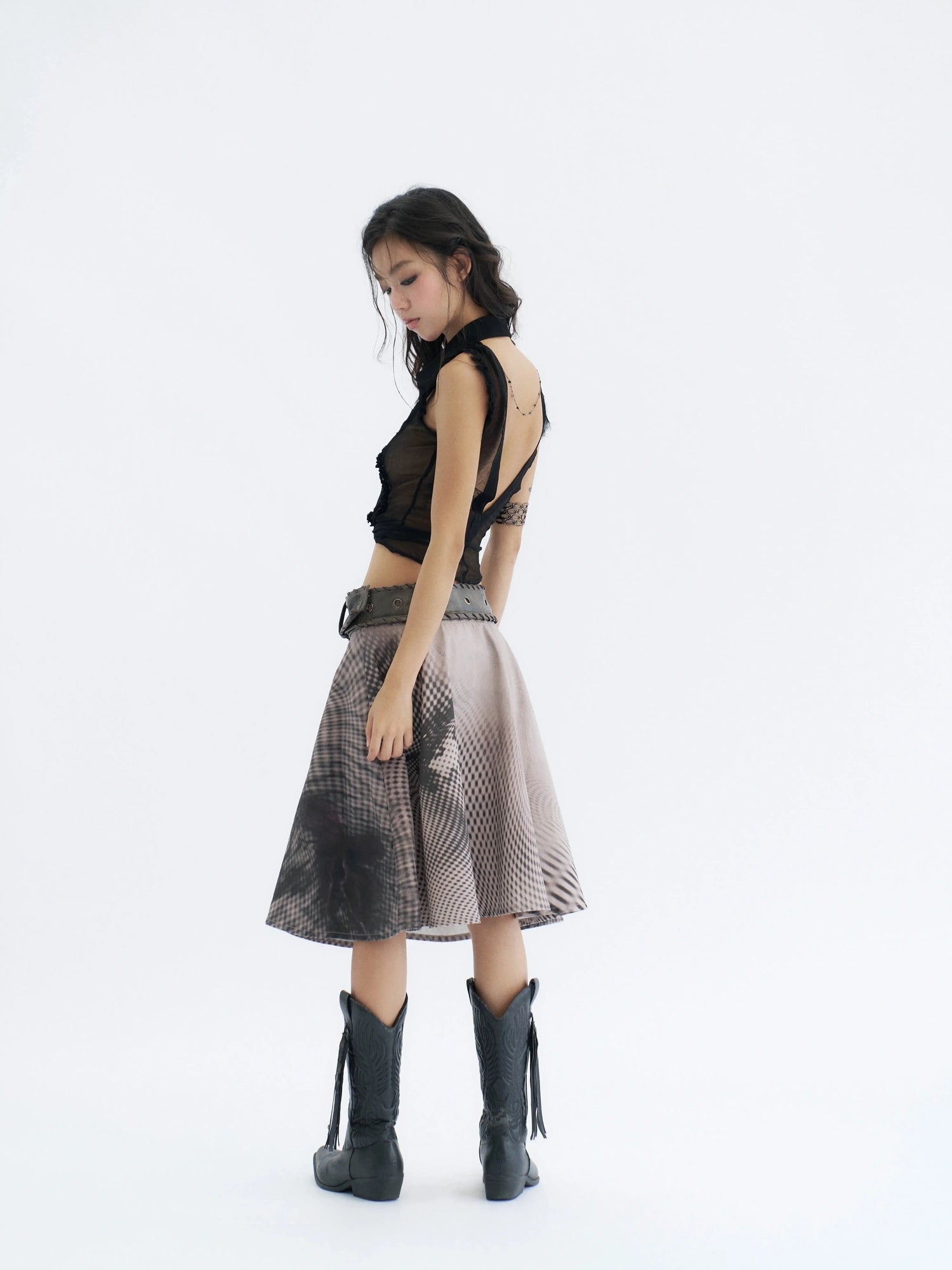 Flowers birds Market 100 Percent Cotton Denim A Line Tie Waist Mid Waist Women Denim Midi Skirt