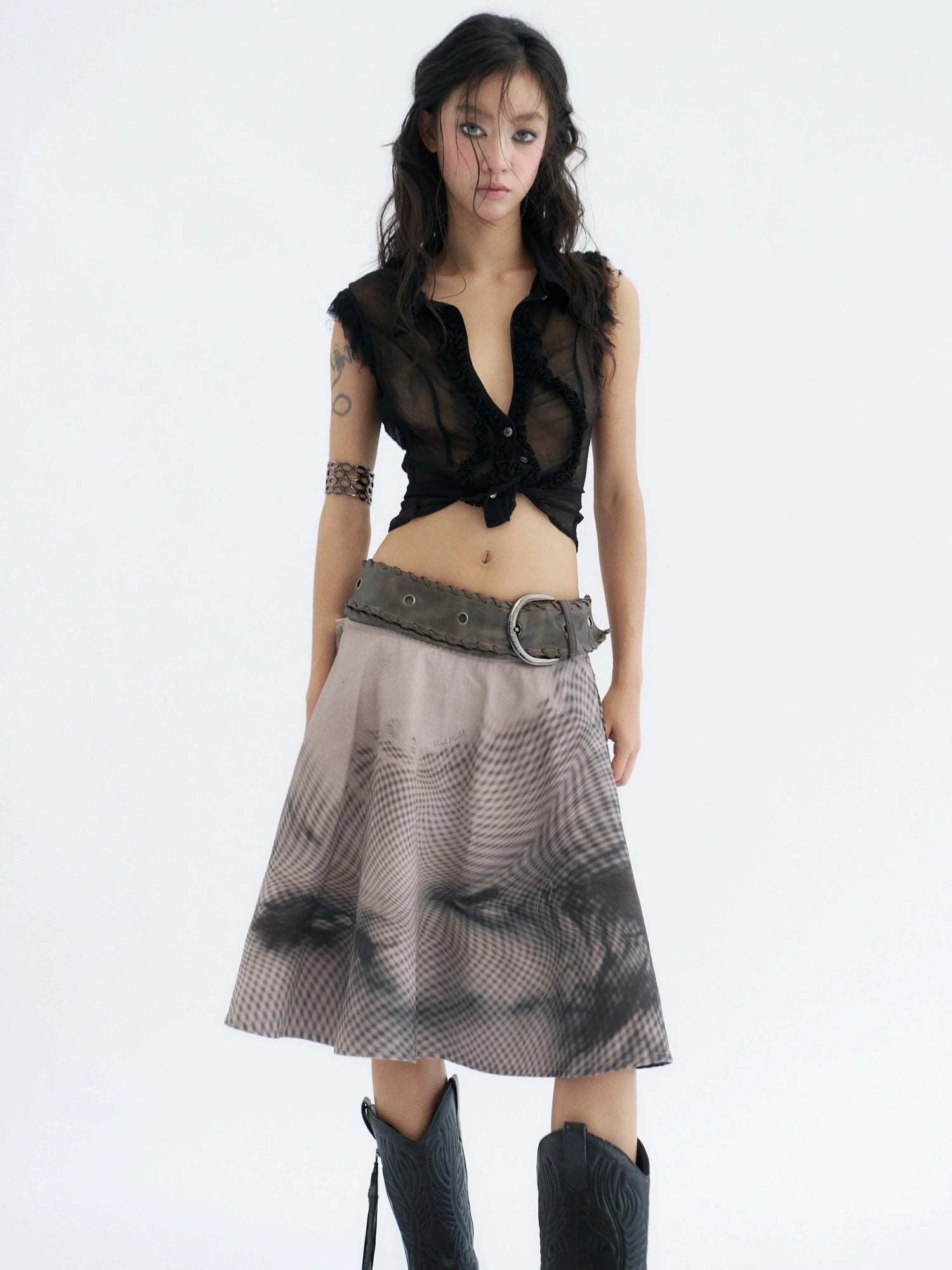 Flowers birds Market 100 Percent Cotton Denim A Line Tie Waist Mid Waist Women Denim Midi Skirt